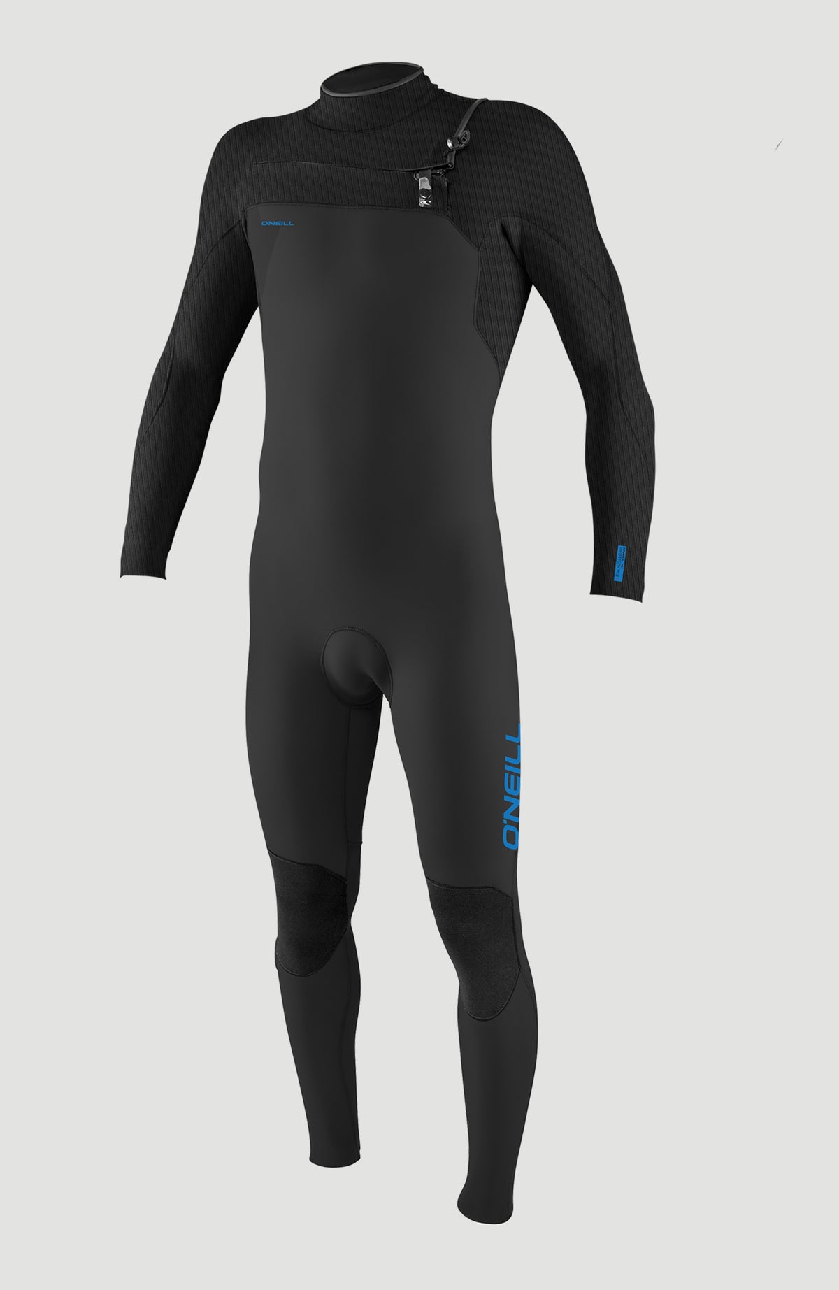 O'Neill Hyperfreak Plus 4/3mm Chest Zip Full Wetsuit für Jungen, grau, freigestellt von vorne mit Front-Reißverschluss