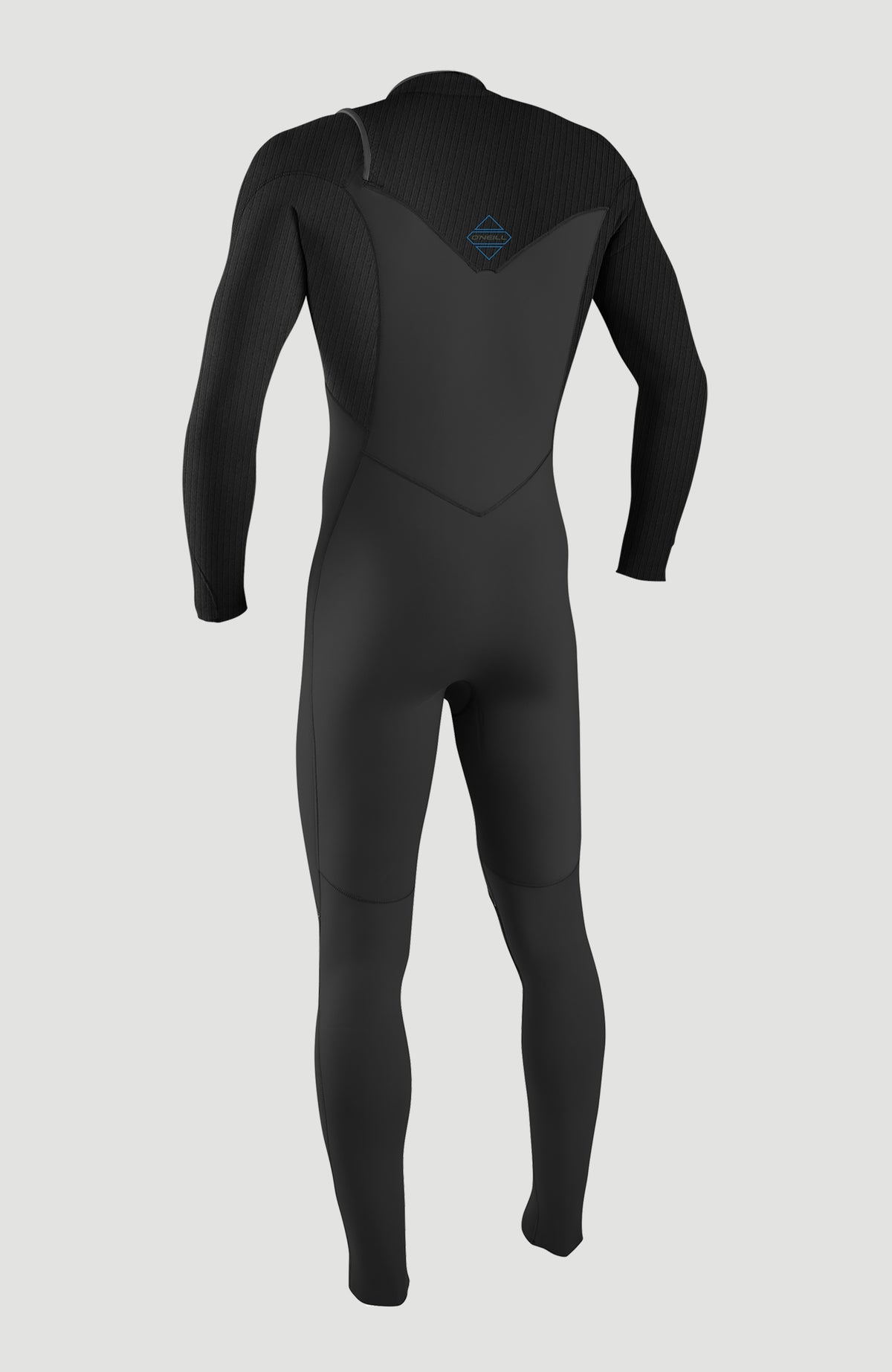 Grauer Hyperfreak Plus Neoprenanzug für Jungen, freigestellt von hinten, blaues Logo-Detail an der Rückseite