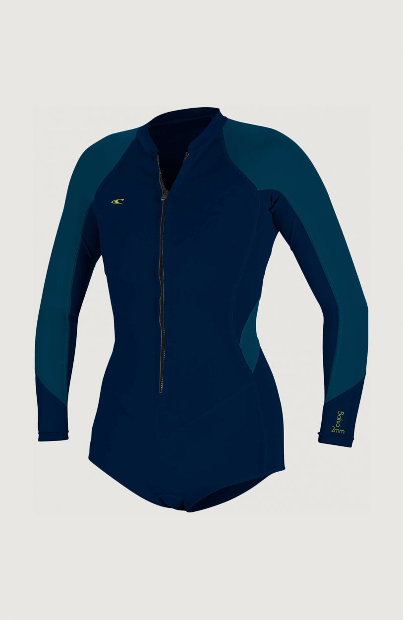 O'Neill Bahia 2/1mm Front Zip Long Sleeve Spring Wetsuit Neoprenanzug für Damen, blau, freigestellt von vorne