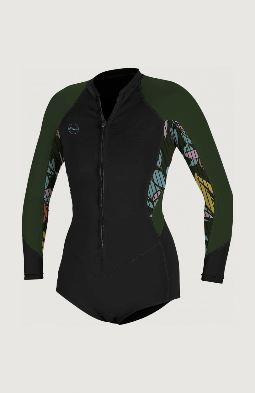 O'Neill Bahia 2/1mm Front Zip Long Sleeve Spring Wetsuit für Damen, schwarzer Neoprenanzug mit Blättermuster, Vorderansicht