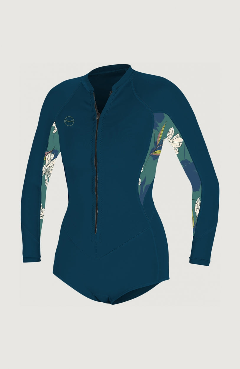 O'Neill Bahia 2/1mm Front Zip Long Sleeve Spring Wetsuit für Damen, blau mit Blumenmuster in Weiß und Grün, Vorderansicht