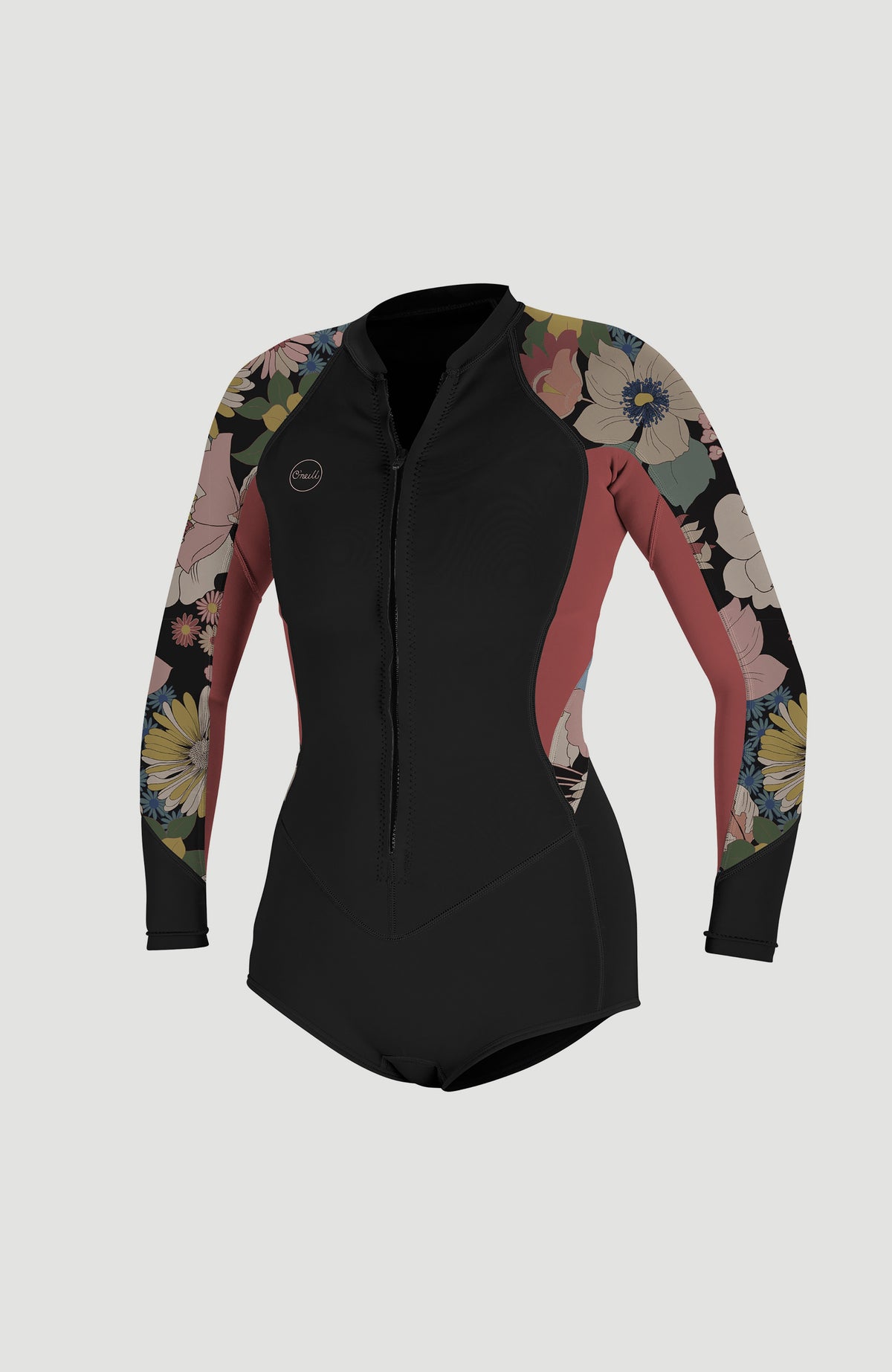 O'Neill Bahia 2/1mm Front Zip Long Sleeve Spring Wetsuit für Damen, schwarz mit Blumenmuster, freigestellt von vorne