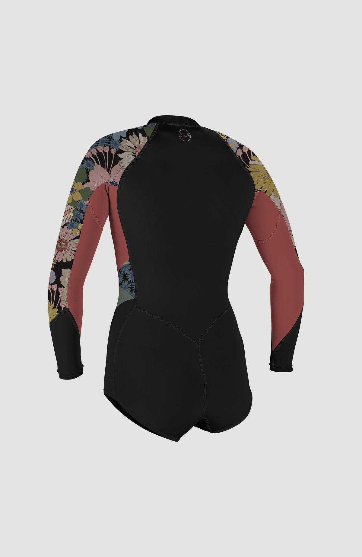 Bahia 2/1mm Neoprenanzug für Damen, schwarz mit Blumenmuster in Rosa und Gelb, freigestellt von der Rückseite
