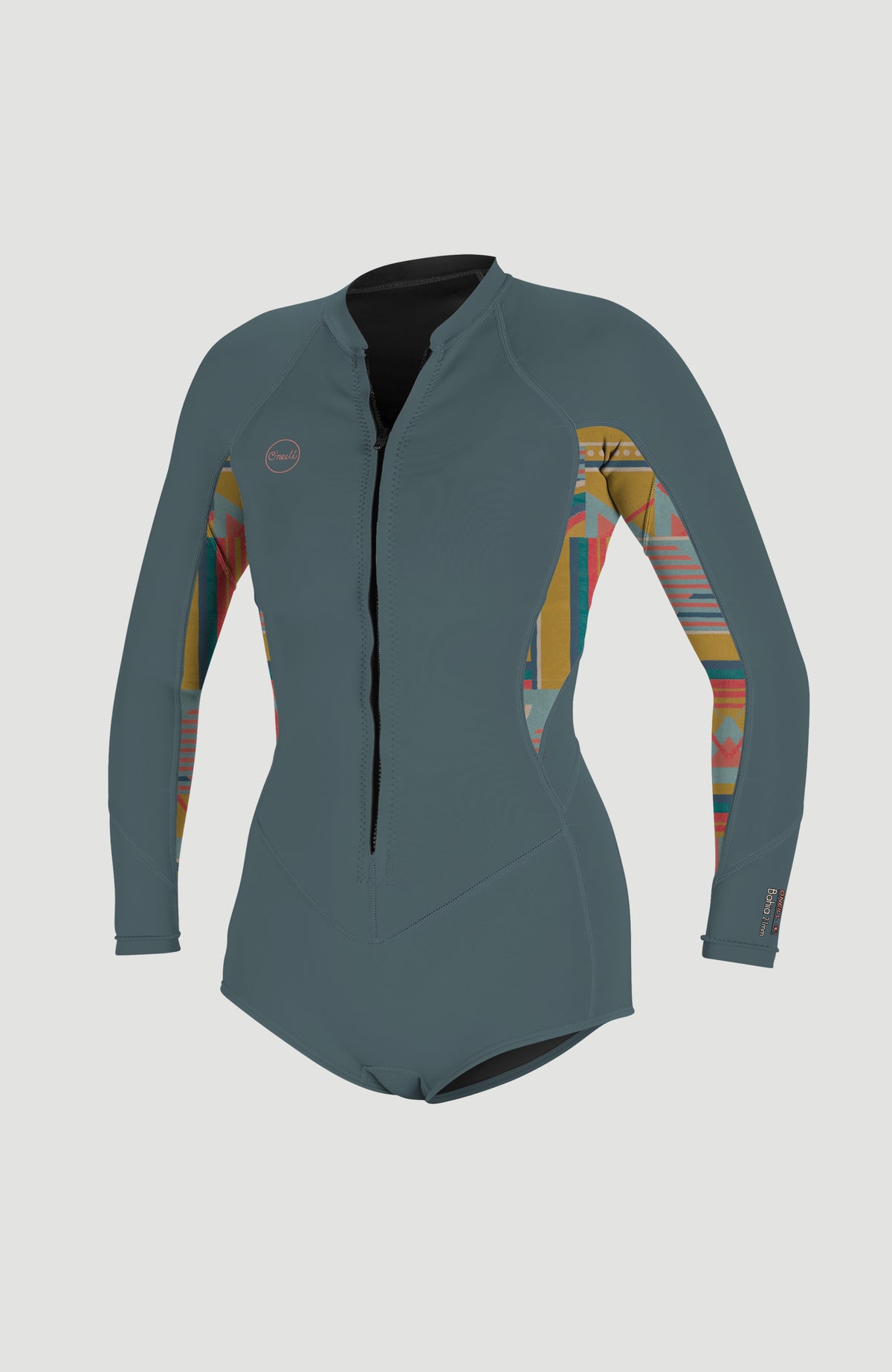 O'Neill Bahia 2/1mm Front Zip Long Sleeve Spring Wetsuit für Damen, grau mit Geometriemuster in Gelb und Rot, Vorderansicht
