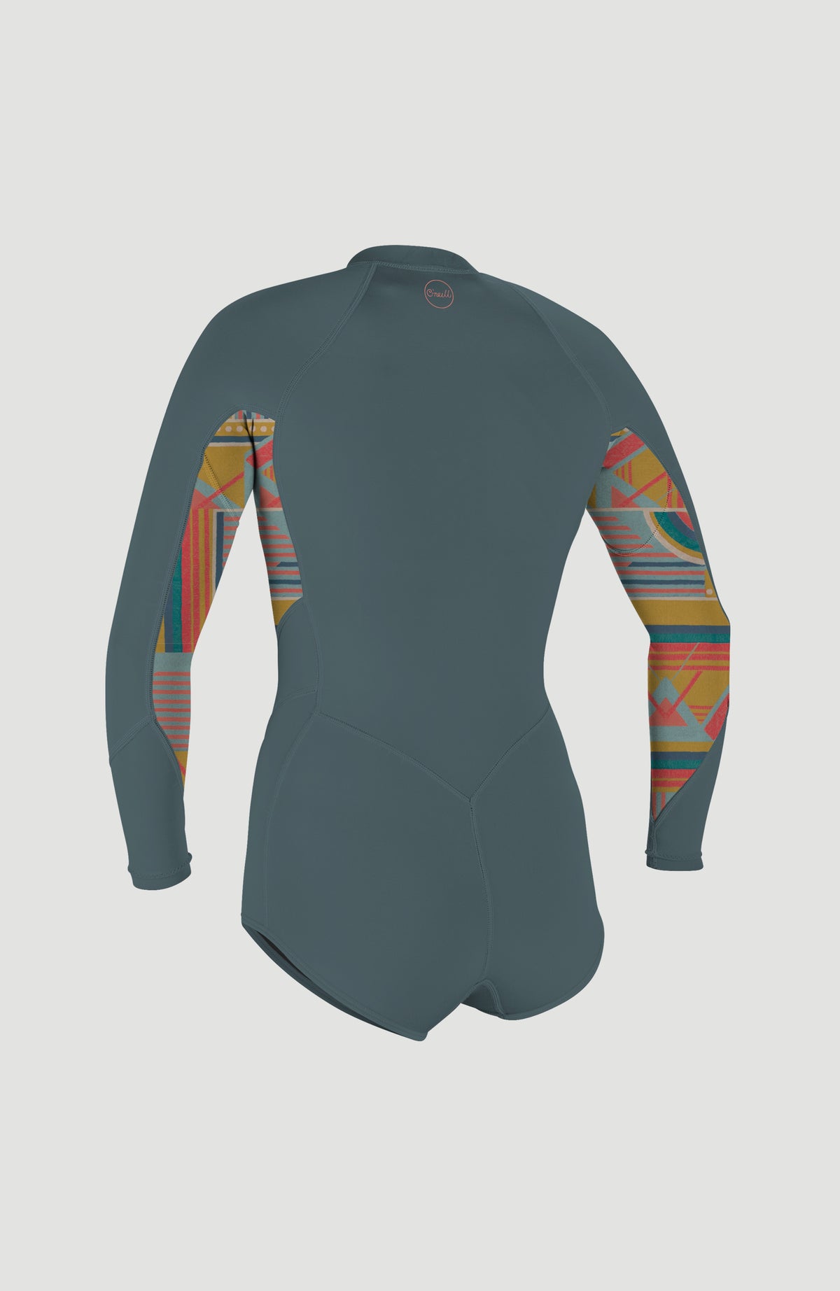 Grauer Bahia 2/1mm Neoprenanzug für Damen mit Geometriemuster in Gelb und Rot, freigestellt von hinten, Logo am Kragen