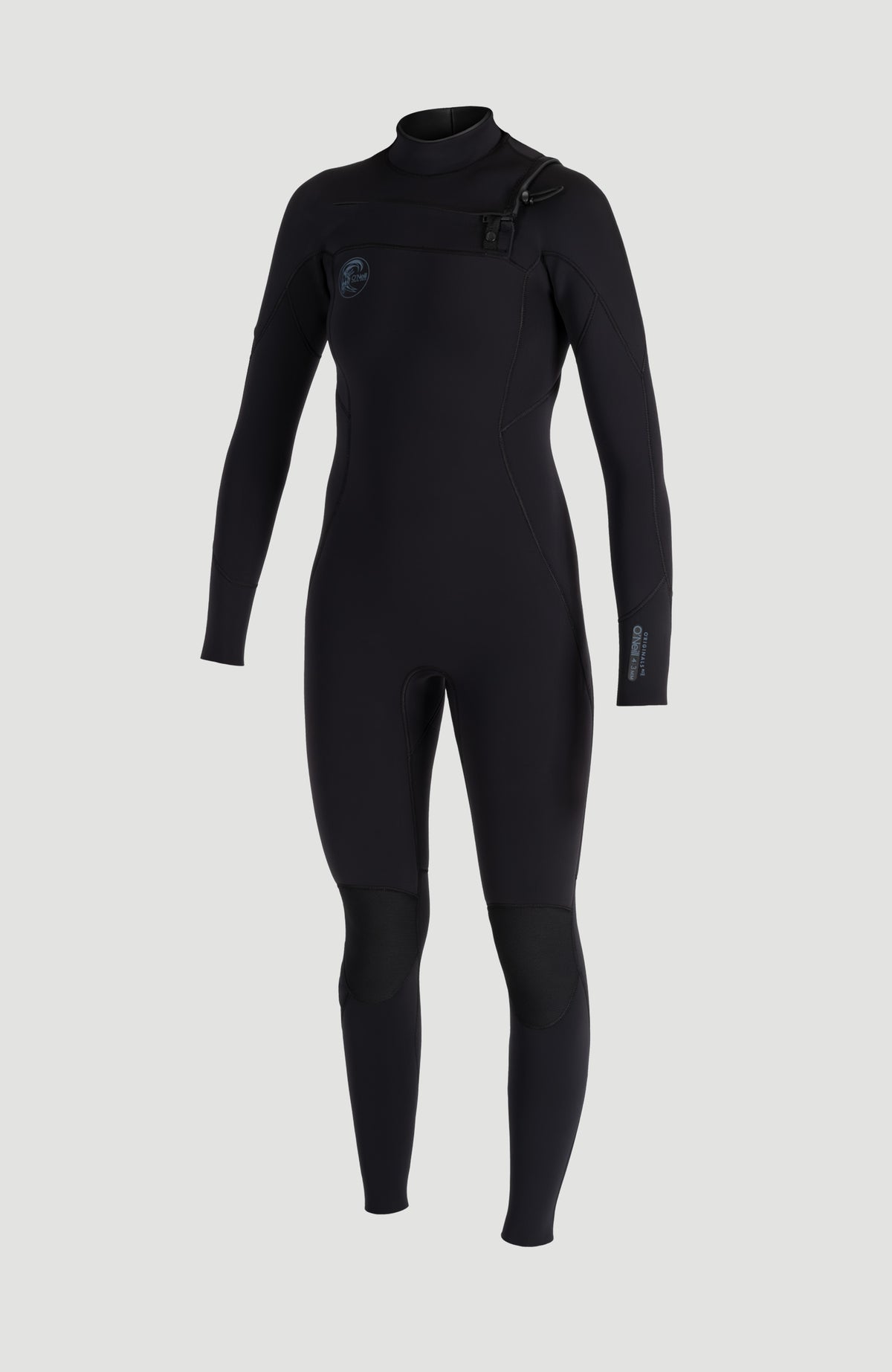 O'Neill O'Riginals RG8 3/2mm Chest Zip Full Wetsuit für Damen, schwarz, freigestellt von vorne mit Reißverschluss