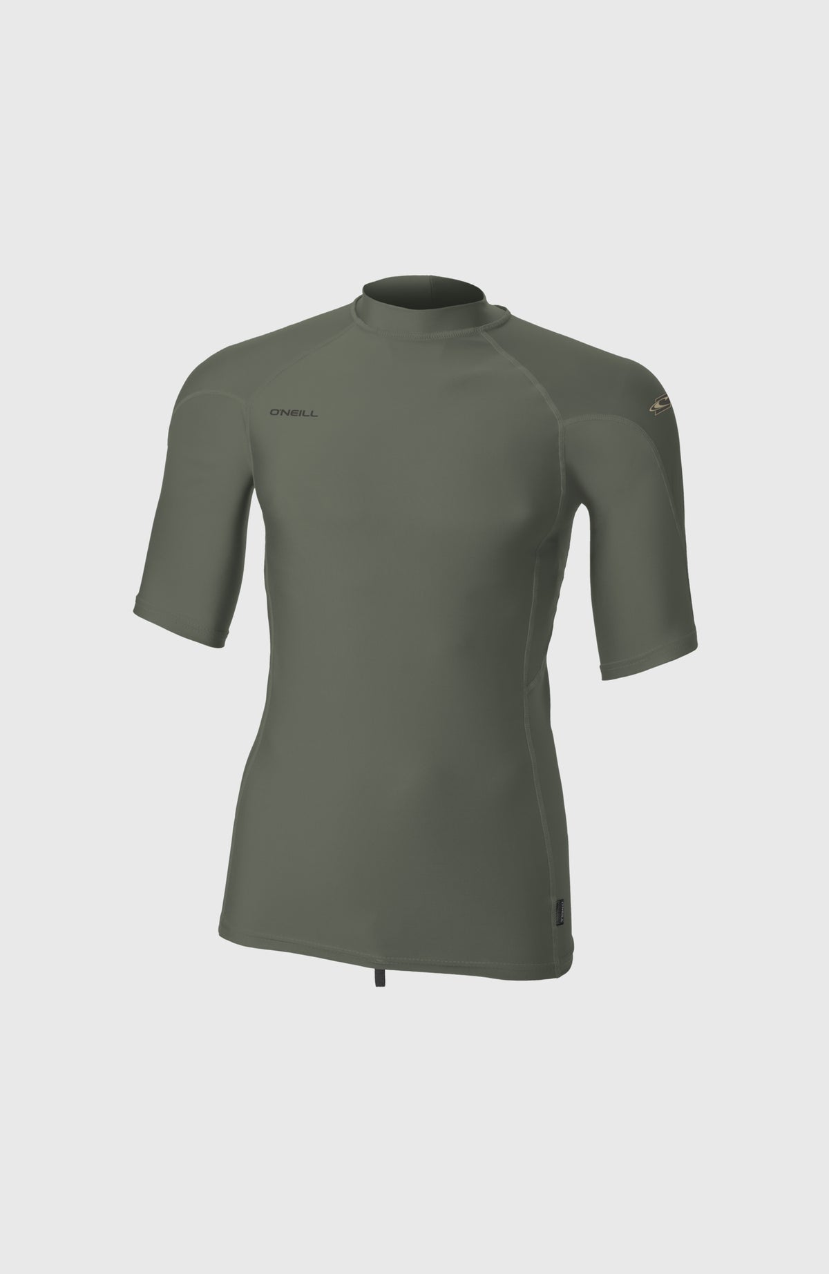 O'Neill Hyperfreak Schwimmshirt für Herren, grün, freigestellt von vorne mit kurzem Stehkragen und Raglan-Nähten