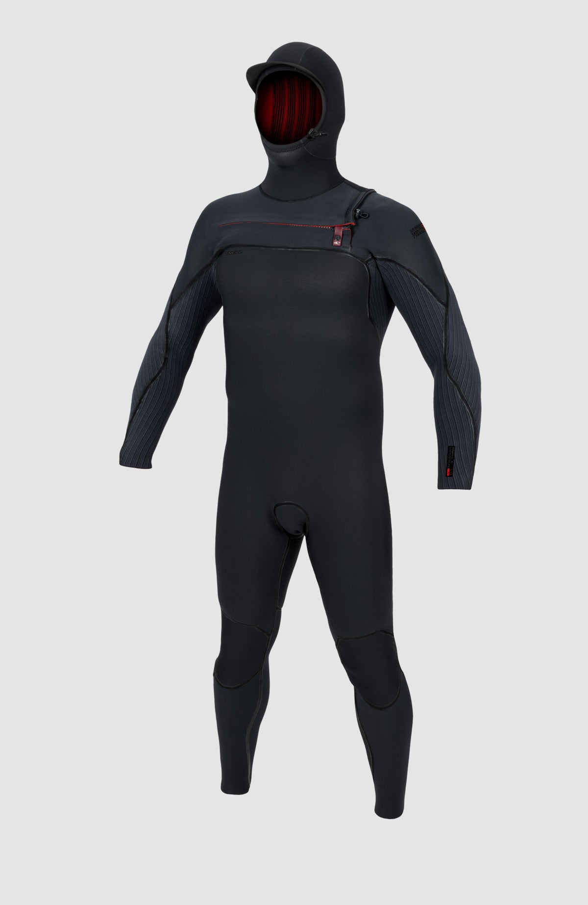 O'Neill Hyperfreak Fire 5/4+ Chest Zip Wetsuit with Hood Neoprenanzug für Herren, schwarz, freigestellt von vorne
