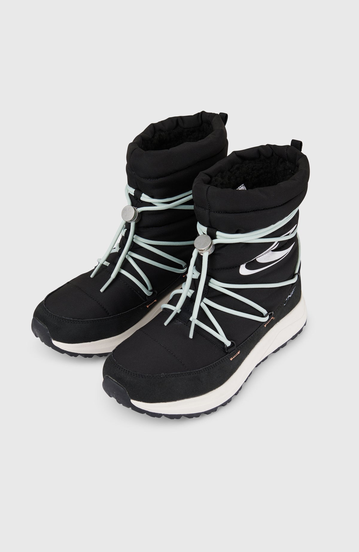 O'Neill VAILhohe Schneestiefel für Damen, schwarz, freigestellt von schräg vorne mit elastischer Kordelschnürung