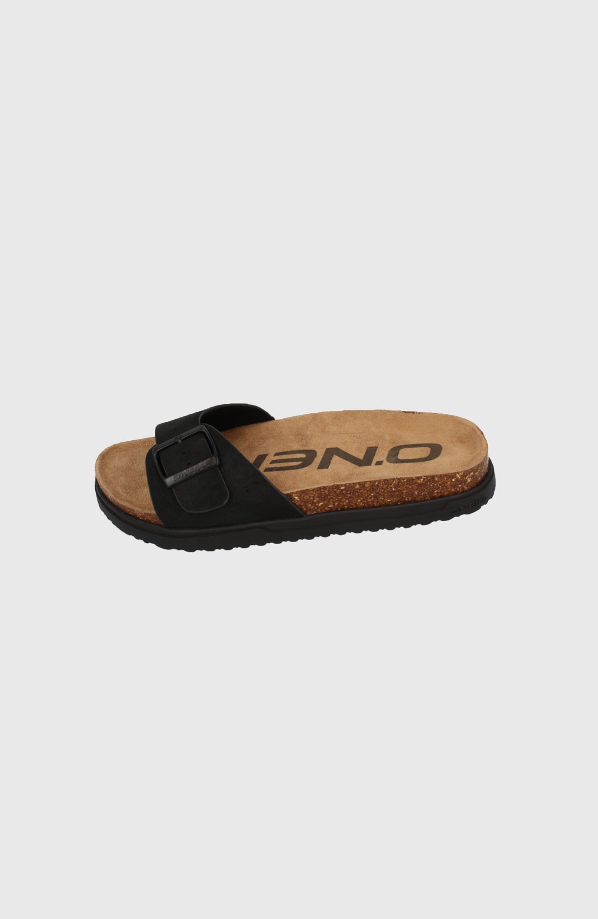 O'Neill Solana Slider Sandalen für Damen, schwarz, freigestellt von schräg oben mit Riemen und Schnalle