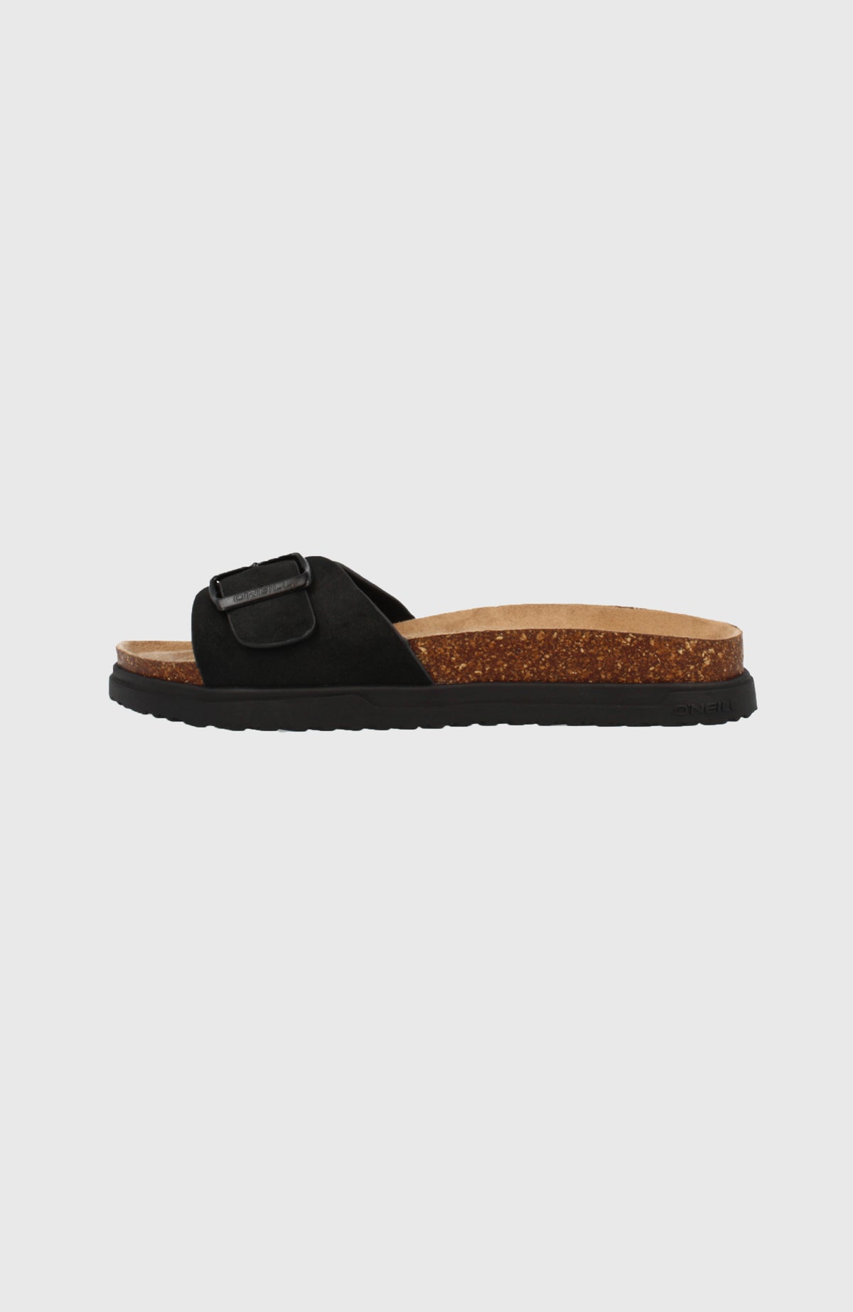 Solana Slider Sandalen für Damen, schwarz, freigestellt von der Seite mit Schnallenverschluss am Riemen