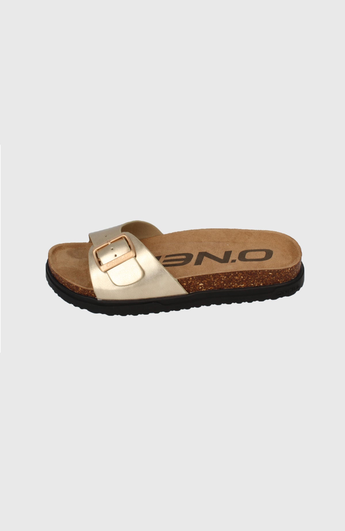 O'Neill Solana Slider Sandalen für Damen, gelb, freigestellt von schräg oben, breiter Riemen mit Dornschließe