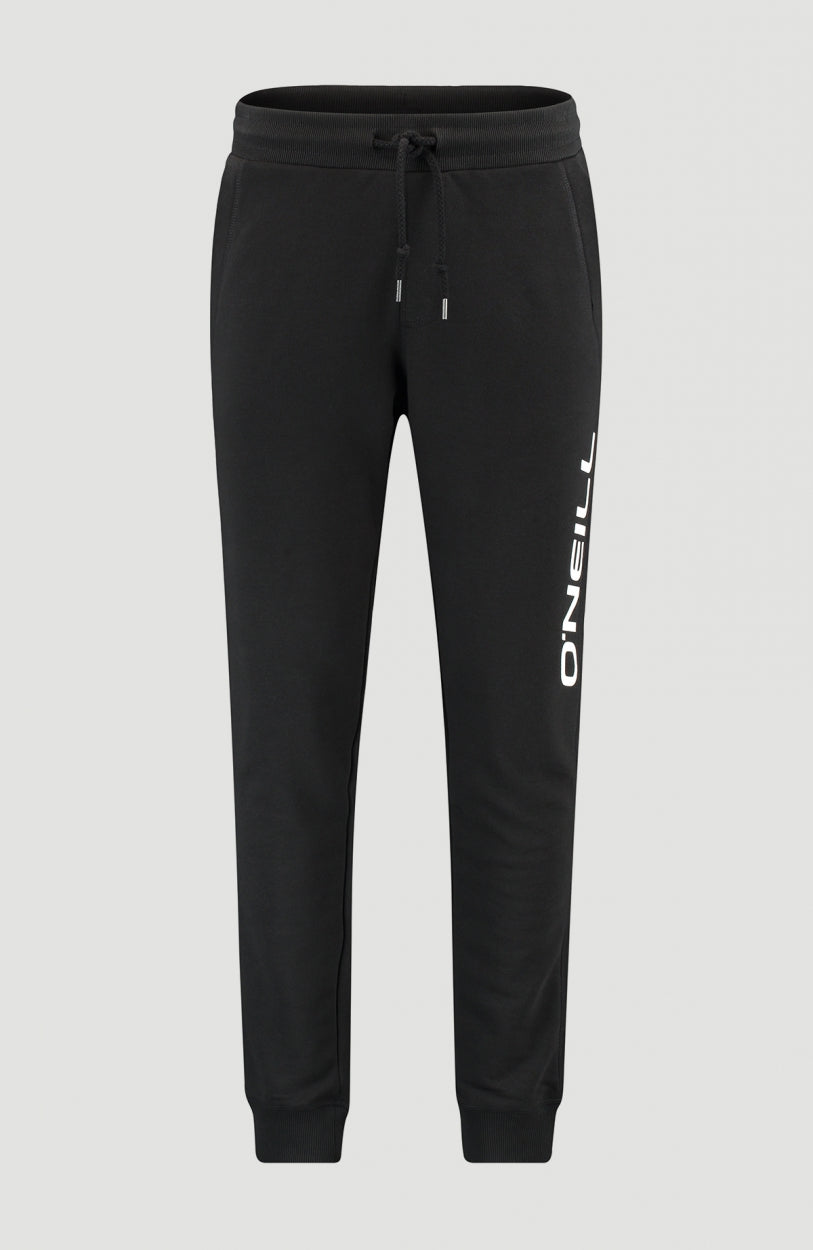 Logo Jogginghose für Herren, schwarz mit Logo-Print in Weiß, freigestellt von vorne mit elastischem Bund