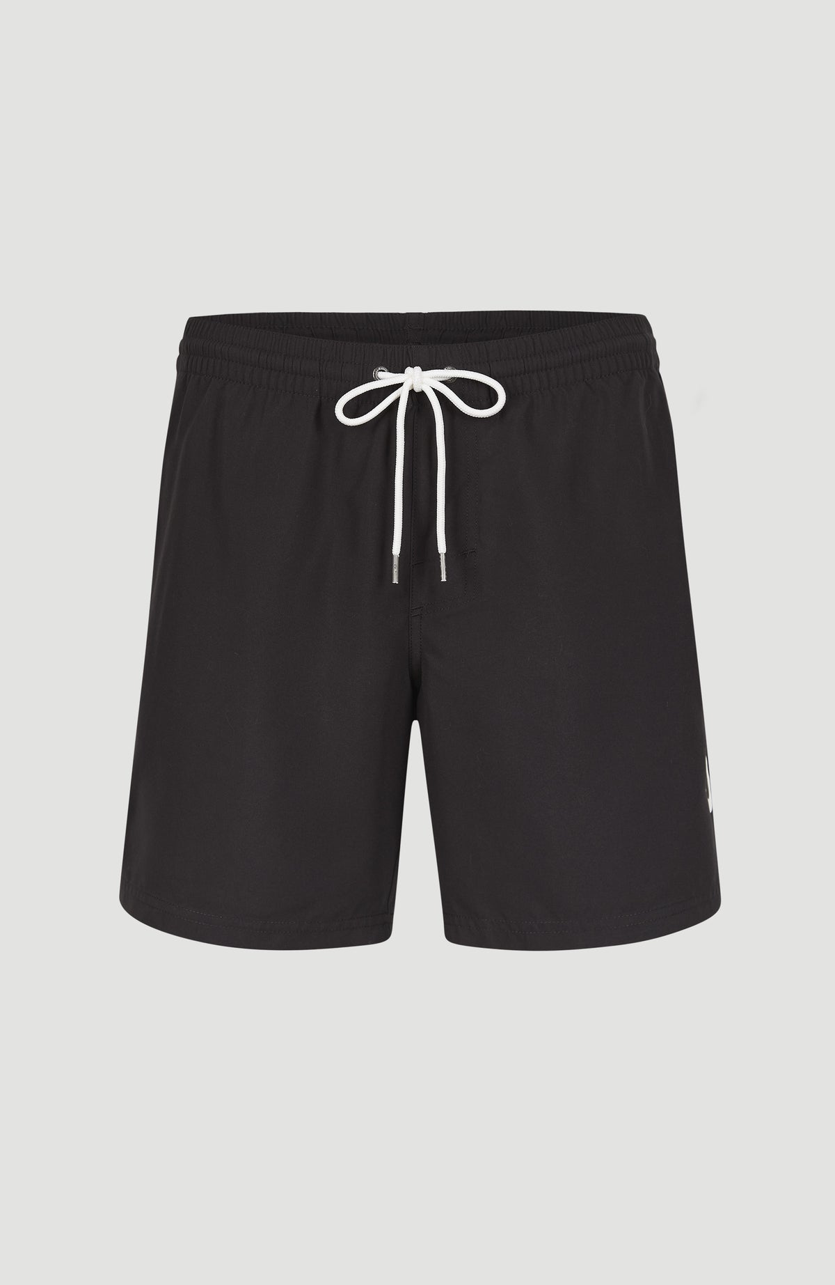 Cali 16'' Badehose für Herren, schwarz, freigestellt von vorne mit elastischem Bund und weißem Kordelzug