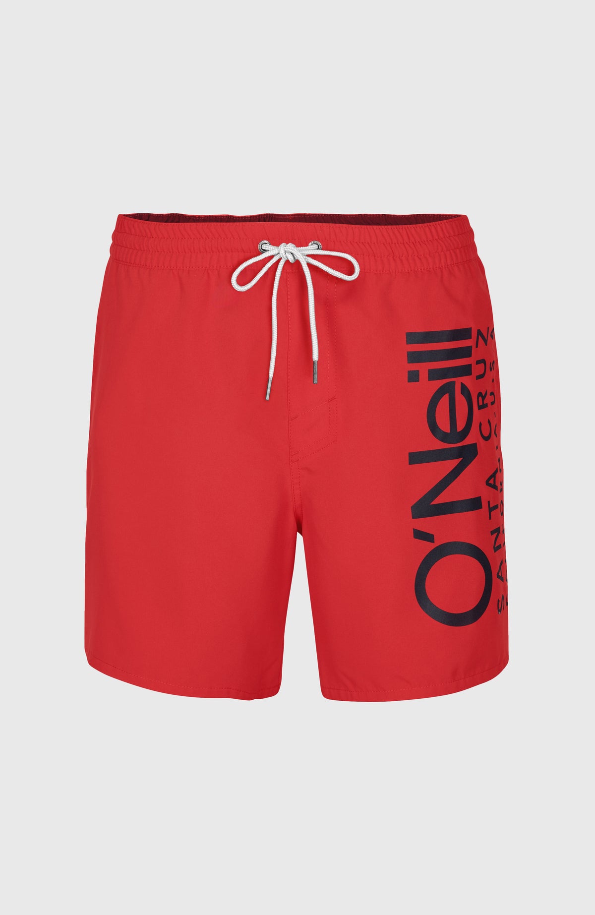 Original Cali 16'' Badehose für Herren, rot mit Logo-Print in Schwarz, flach liegend von vorne mit Kordelzug