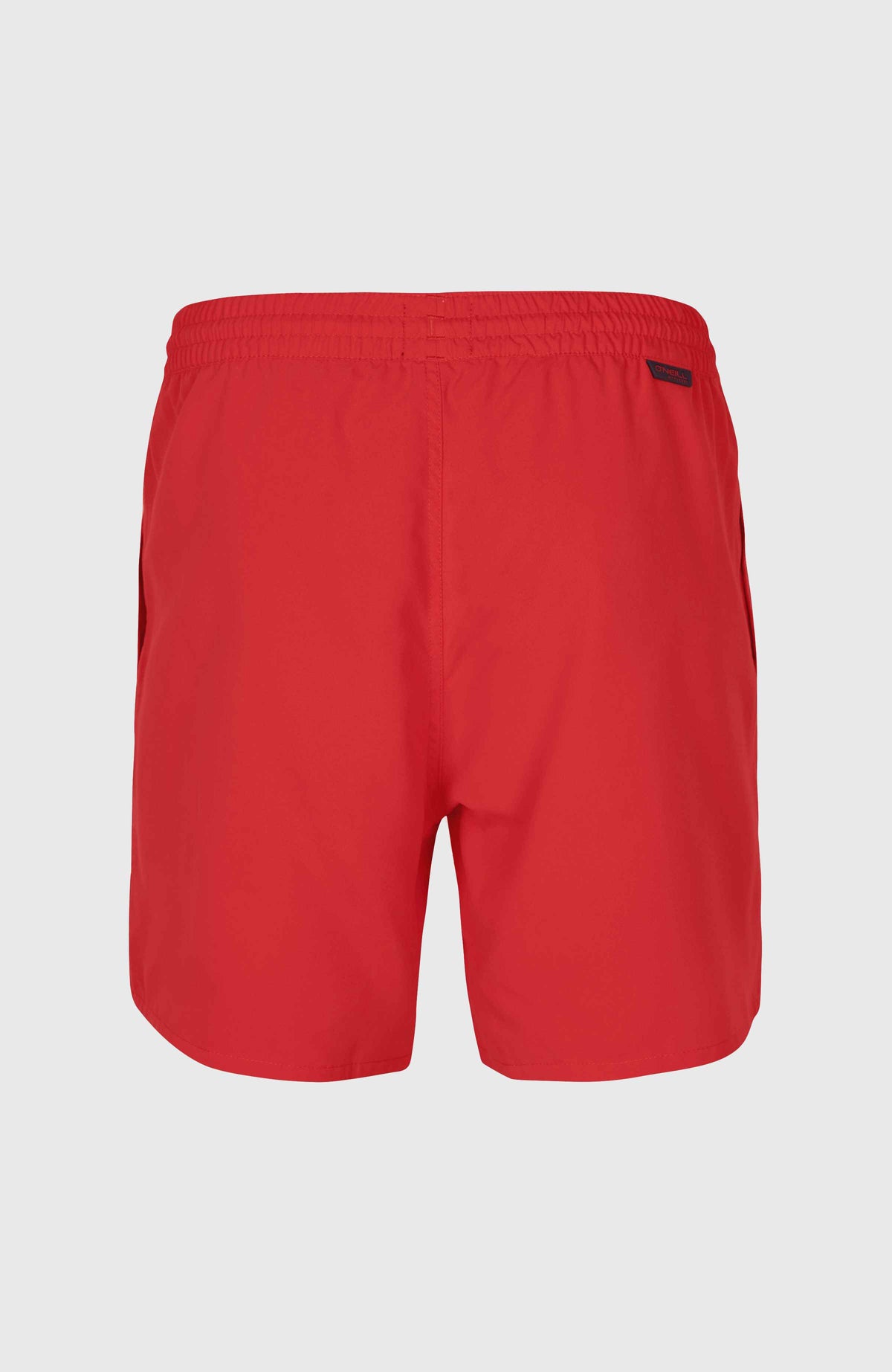 Rote Original Cali 16'' Badehose für Herren, flach liegend von hinten mit elastischem Bund und Logo-Label