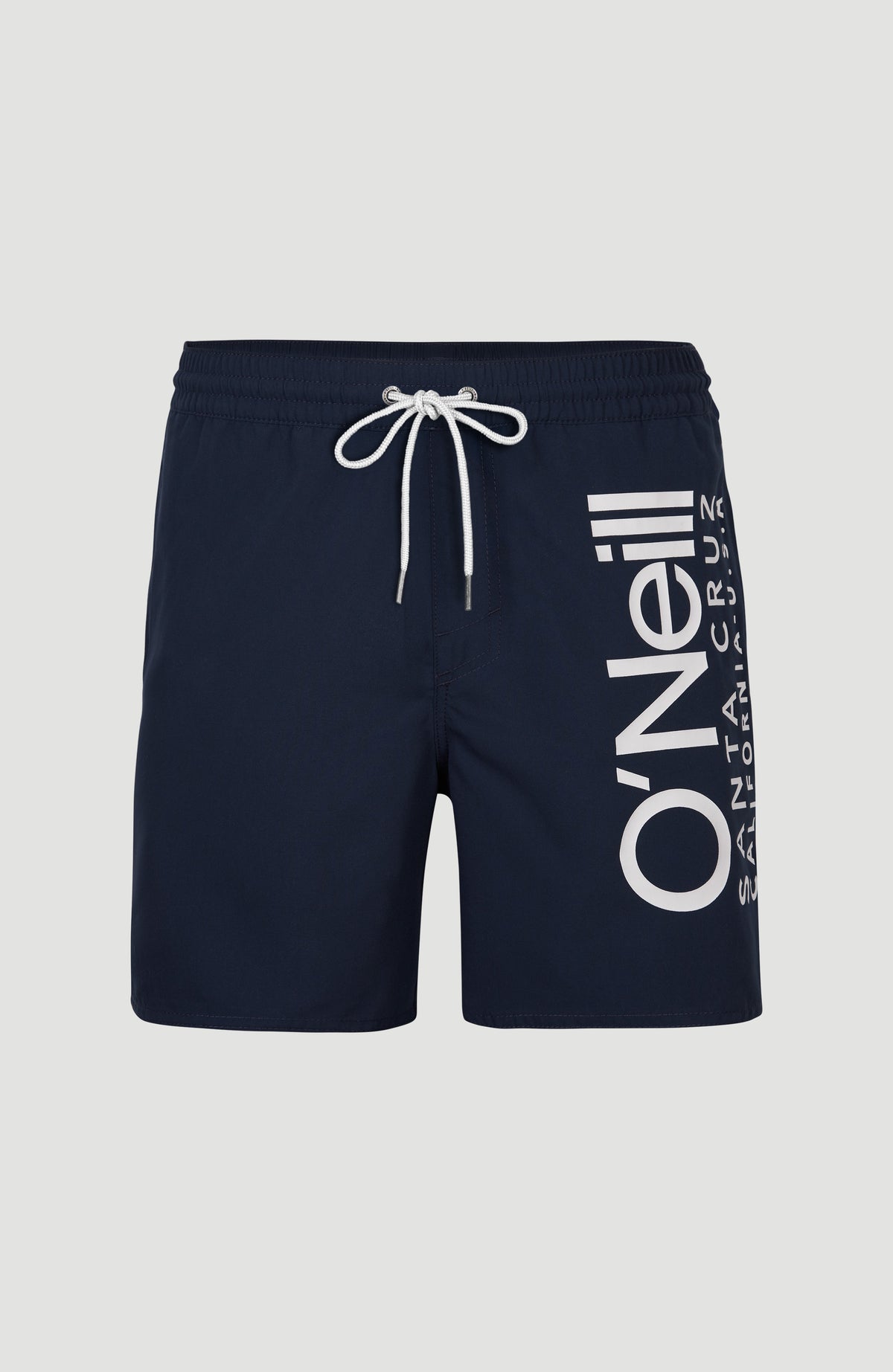Original Cali 16'' Badehose für Herren, blau mit Logo-Print in Weiß, flach liegend von vorne mit Kordelzug