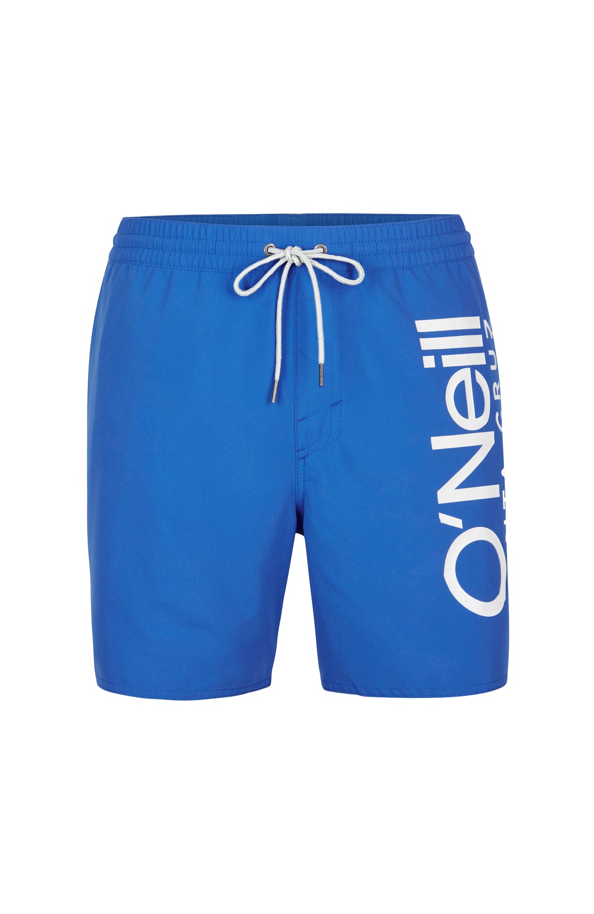 Original Cali 16'' Badehose für Herren, blau mit Logo-Print in Weiß, Kordelzug am Bund, freigestellt von vorne