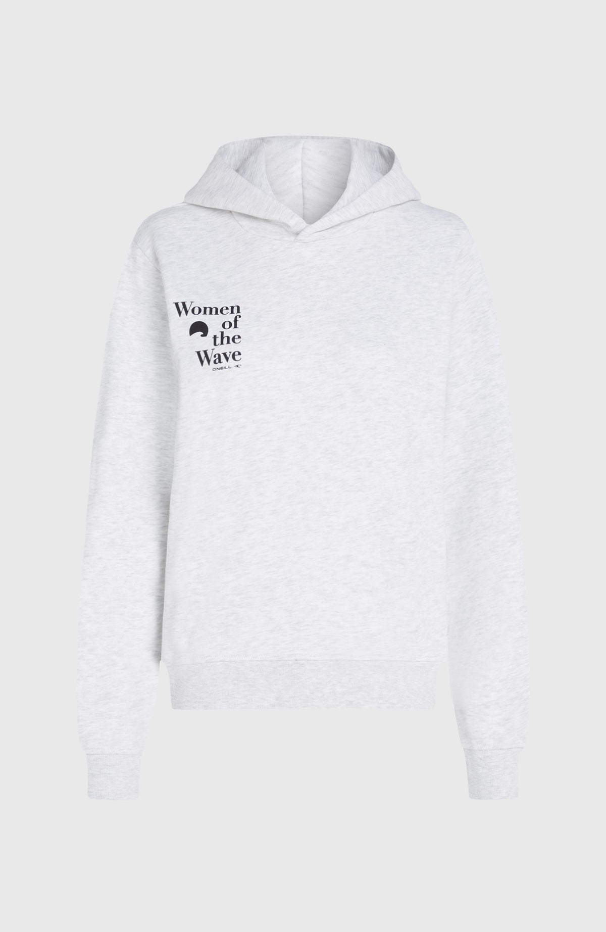 Women of the Wave Hoodie für Damen, weiß mit Logo-Print in Schwarz, freigestellt von vorne mit Kapuze