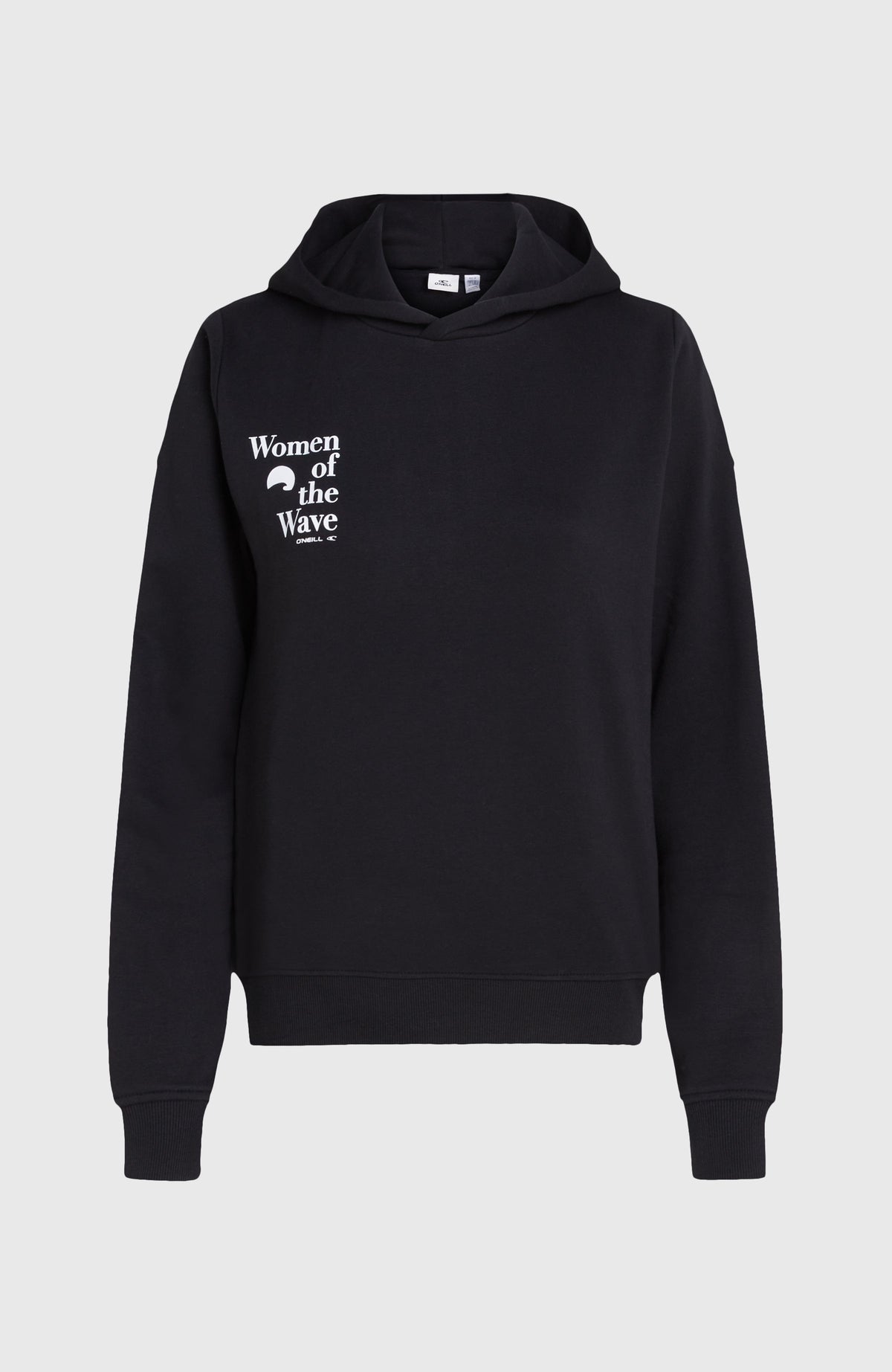 Schwarzer Women of the Wave Hoodie für Damen mit weißem Logo-Print, freigestellt von vorne