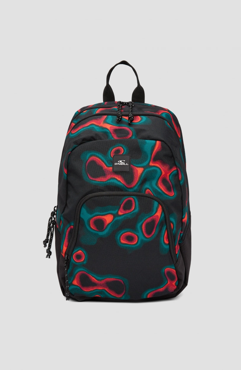 O'Neill Wedge Rucksack für Herren, schwarz mit Wärmebildmuster in Rot und Türkis, freigestellt von vorne