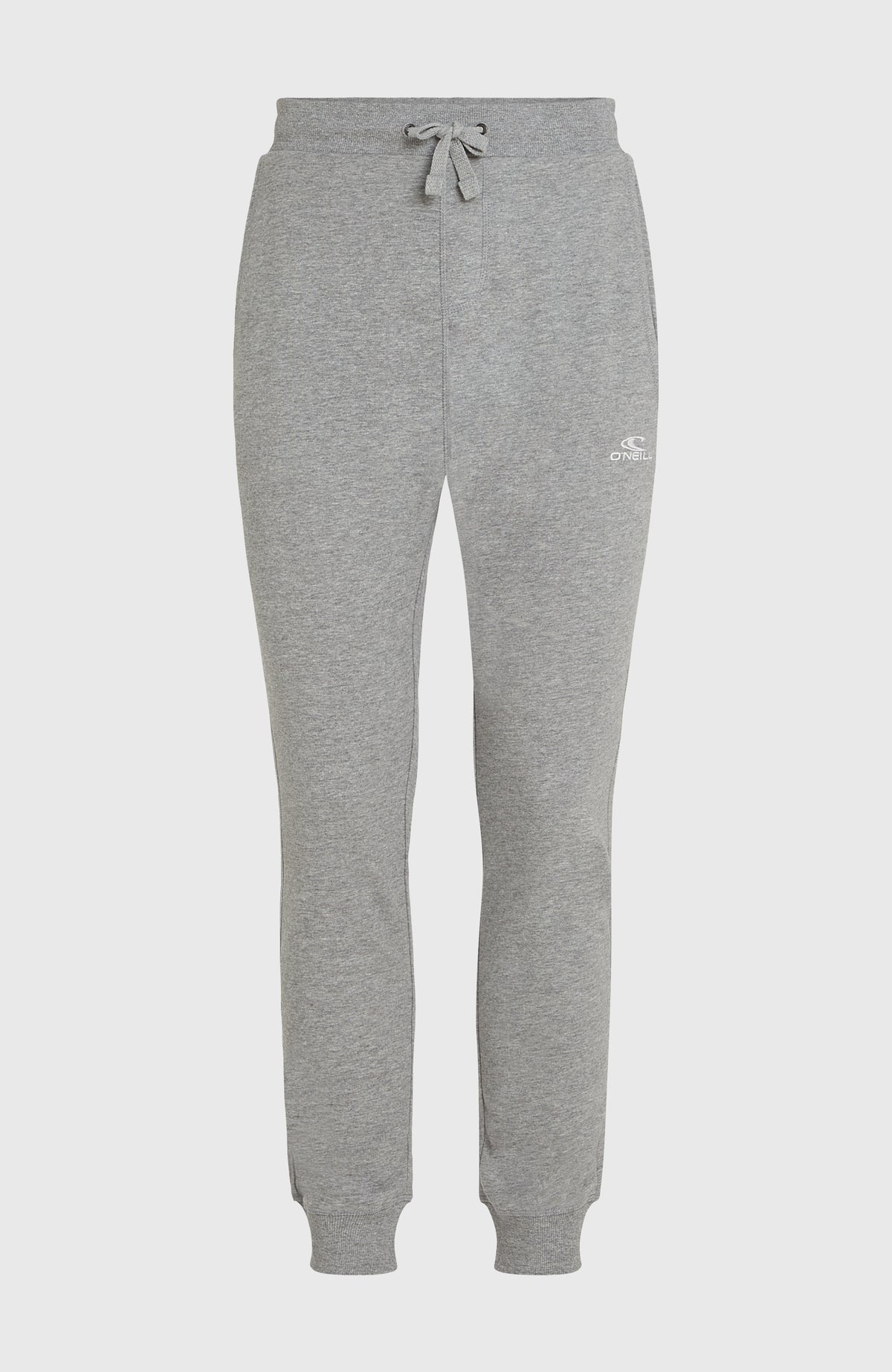 Graue Small Logo Jogginghose für Herren, flach liegend von vorne mit Kordelzug und gerippten Bündchen