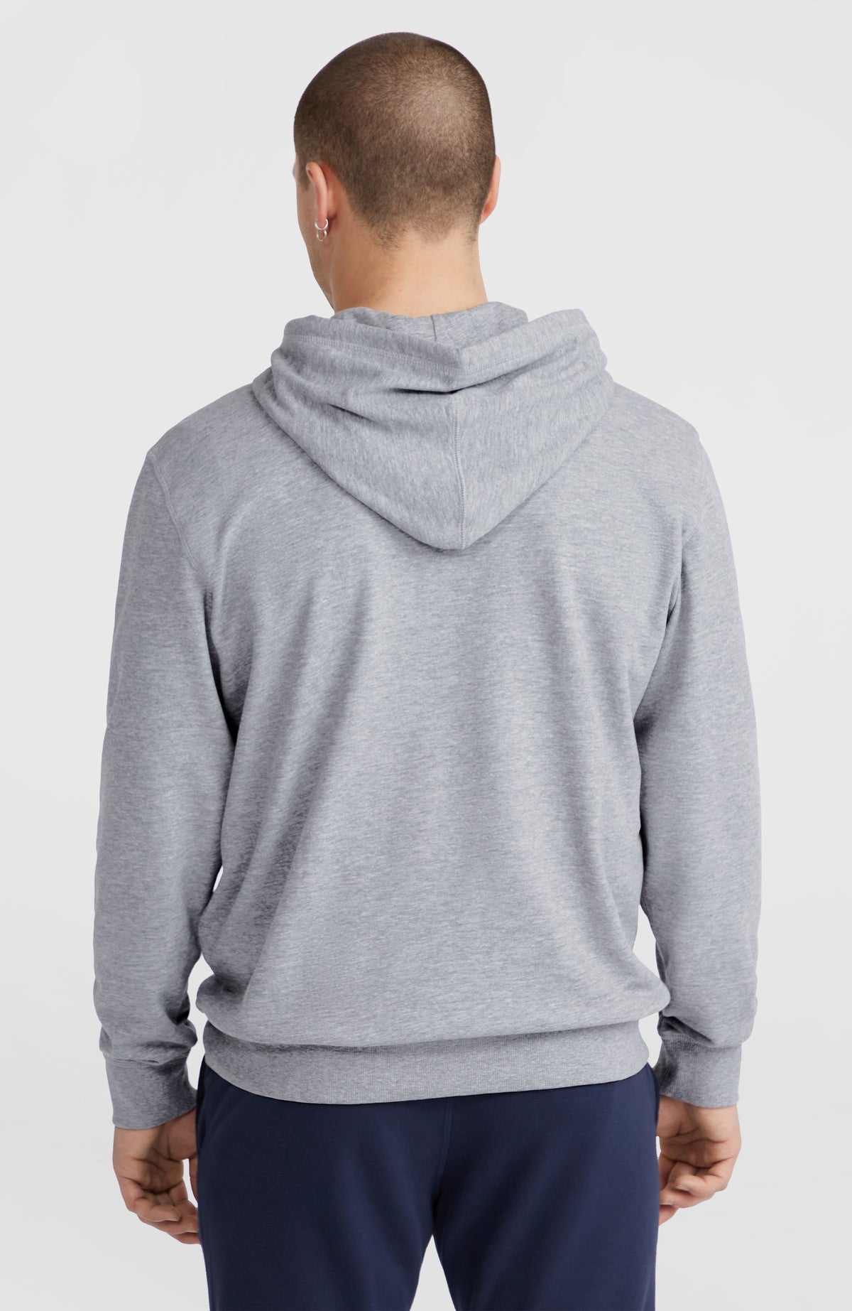 Logo Hoodie für Herren, grau, Rückansicht am Model mit Kapuze