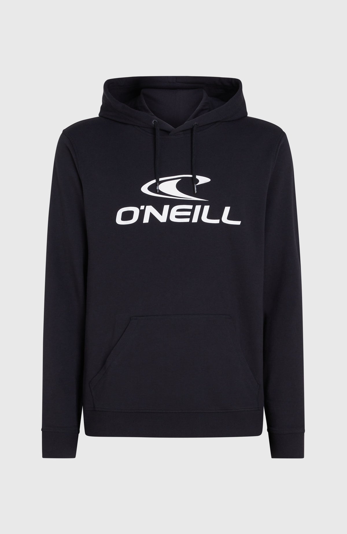 Logo Hoodie, schwarz mit Logo-Print in Weiß, freigestellt von vorne mit Kängurutasche