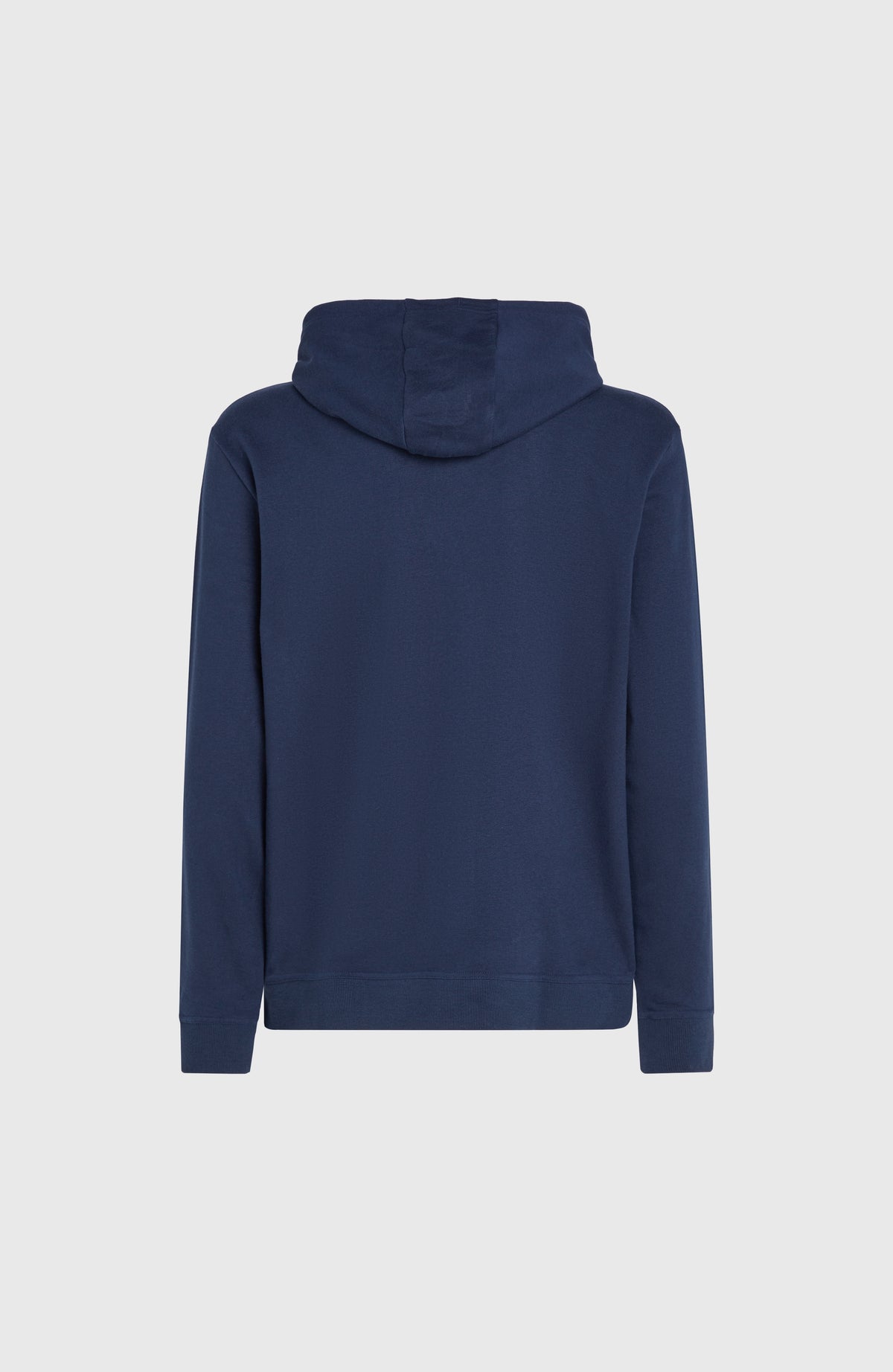 Small Logo Hoodie für Herren, blau mit Logo-Print in Weiß, flach liegend von hinten mit geripptem Saum