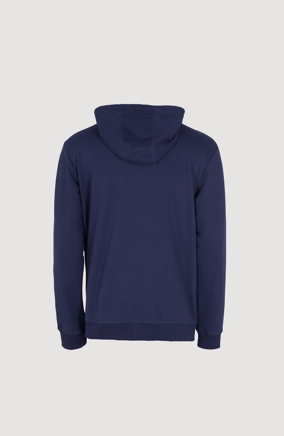 Blaue Small Logo Kapuzenjacke für Herren, freigestellt von hinten mit Kapuze und Rippstrickbündchen am Saum