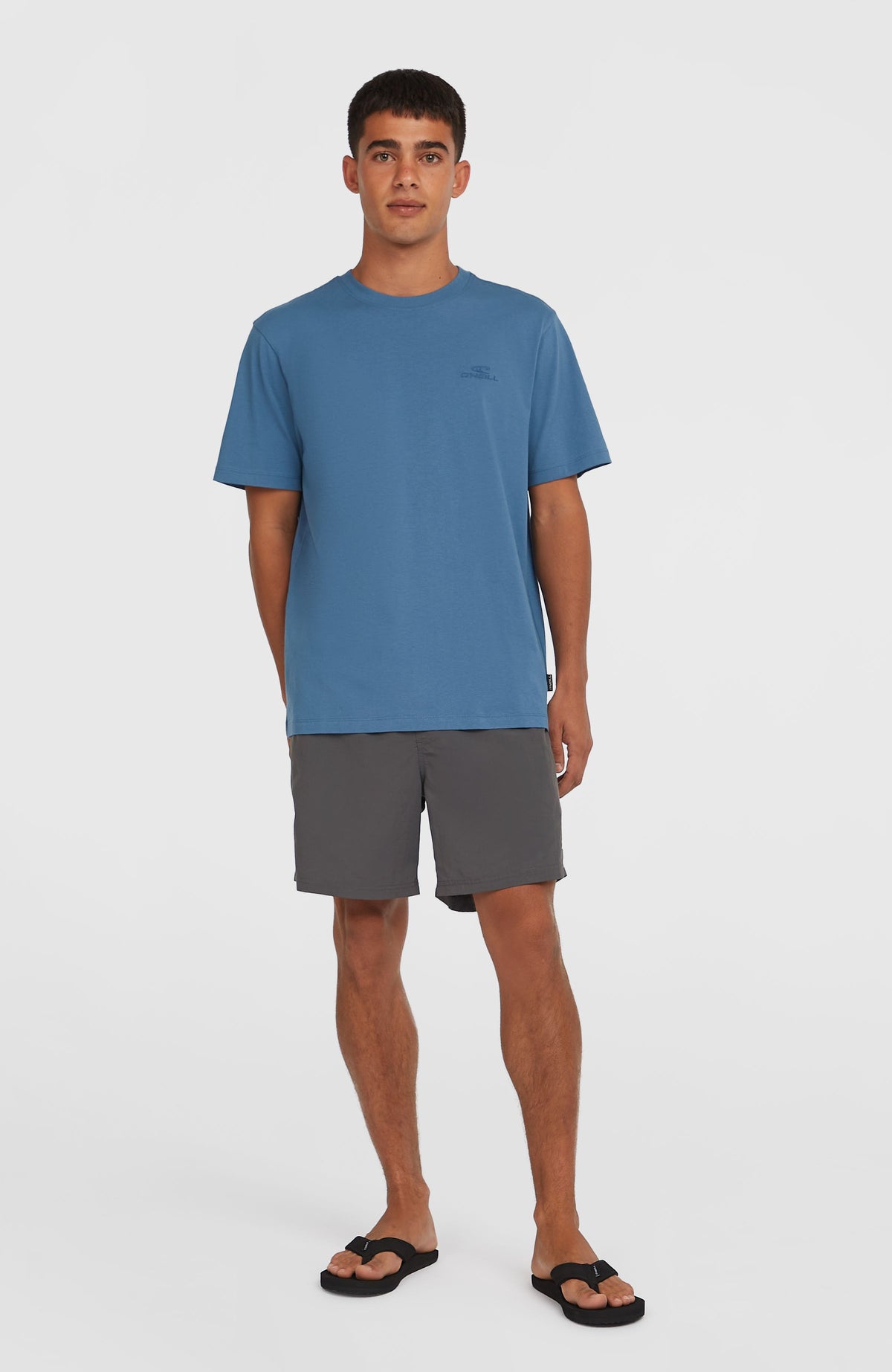 Vert 16" Badehose für Herren, grau, Ganzkörperansicht am Model kombiniert mit T-Shirt