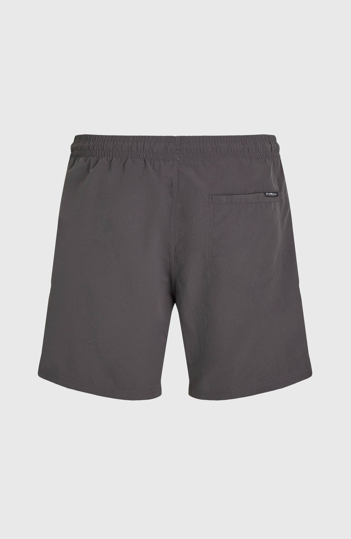 Graue Vert 16" Badehose für Herren, freigestellt von hinten mit Gesäßtasche und kleinem Label