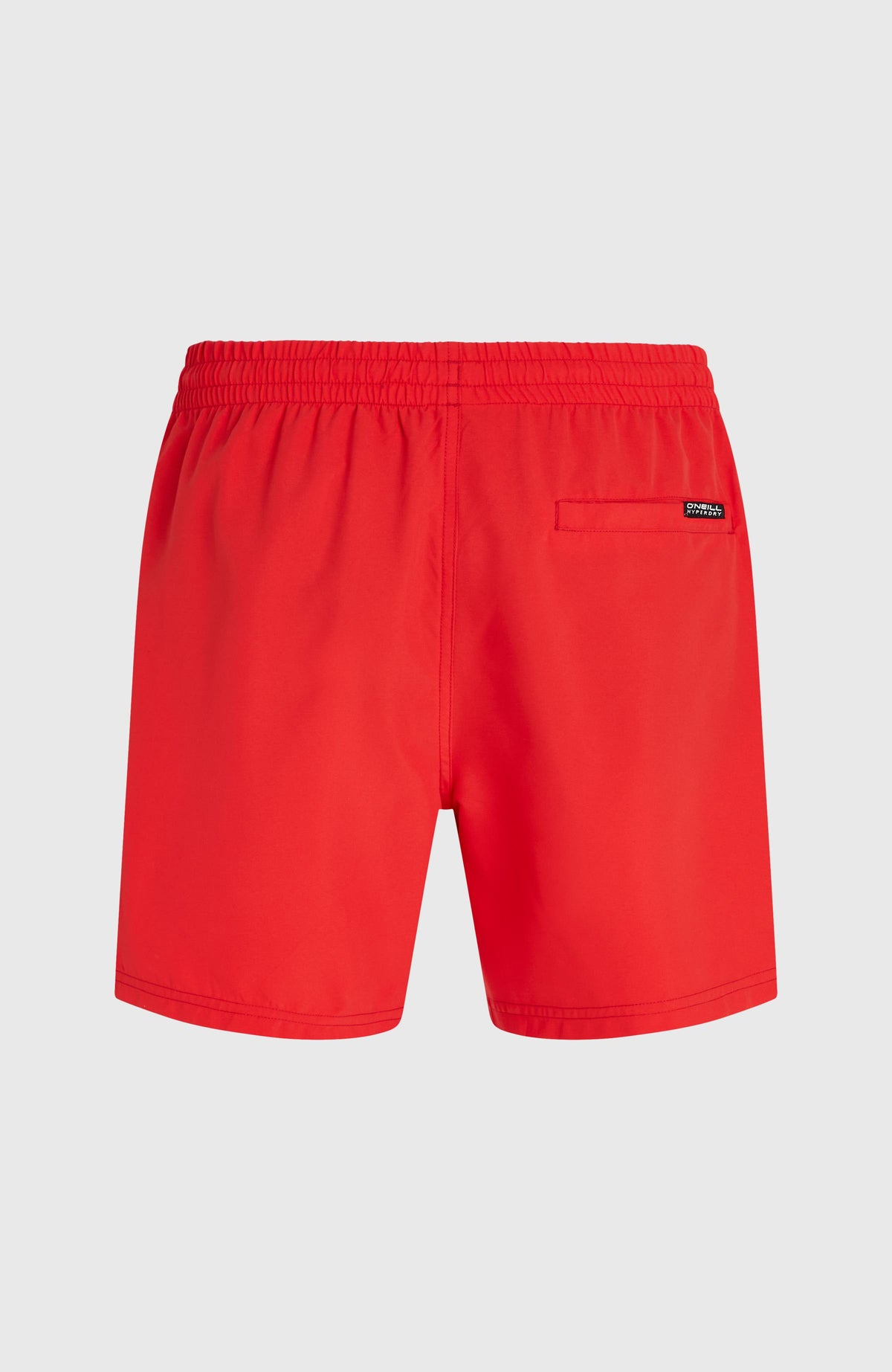 Rote Logo 16" Badehose für Herren mit Logo-Print in Schwarz, flach liegend von hinten mit eingenähter Gesäßtasche