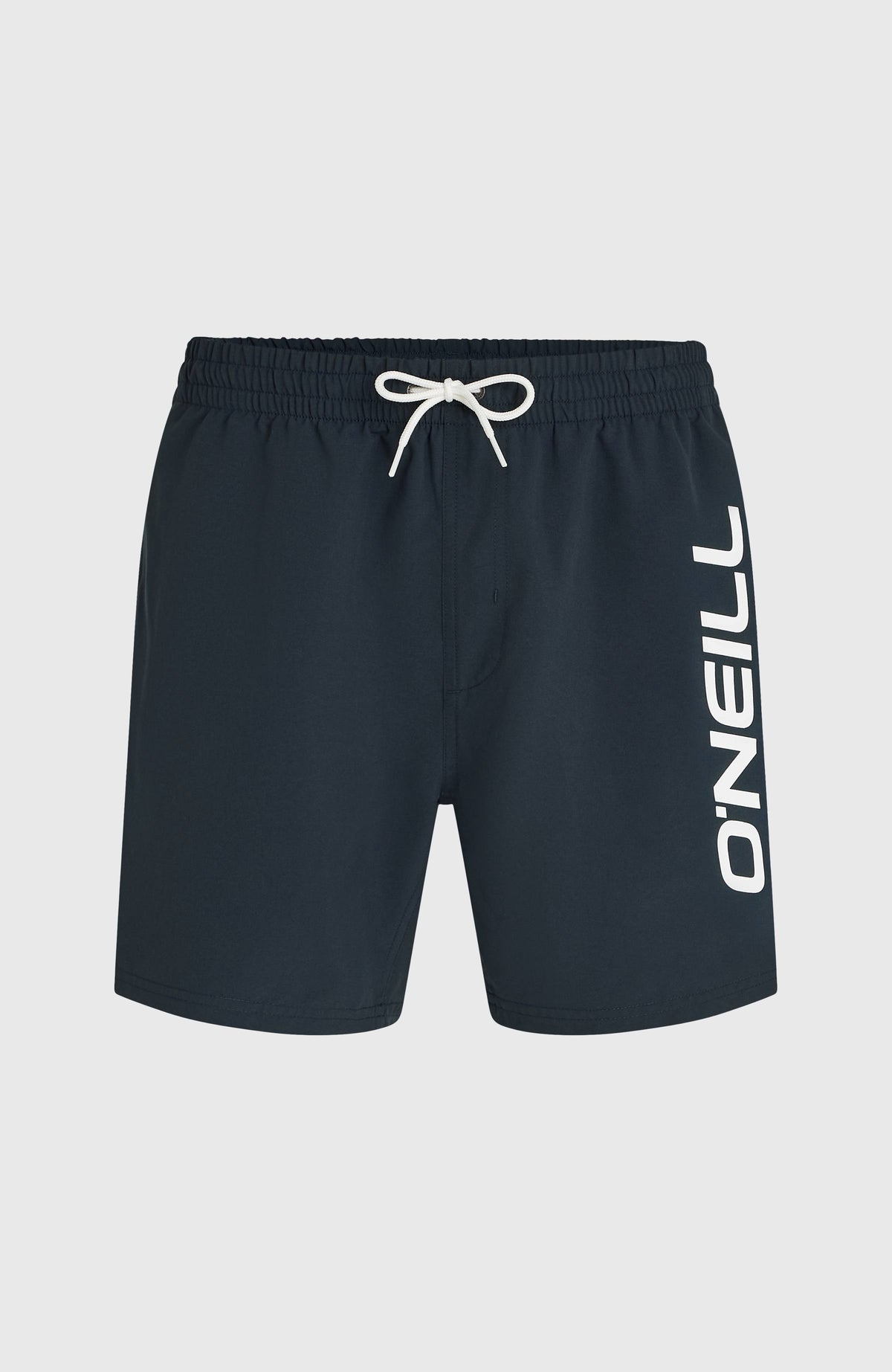 Logo 16" Badehose für Herren, blau mit Logo-Print in Weiß, flach liegend von vorne mit weißem Kordelzug