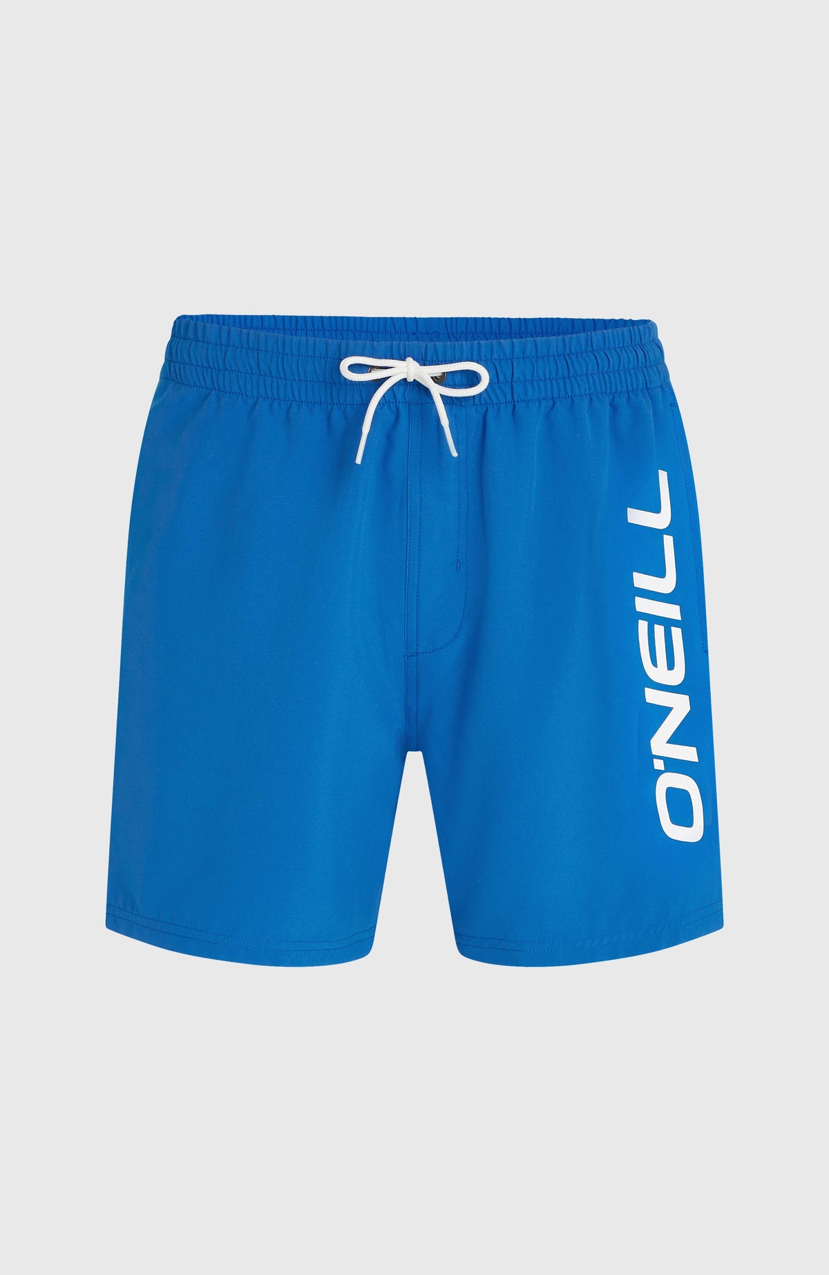 Logo 16" Badehose für Herren, blau mit Logo-Print in Weiß, flach liegend von vorne mit Kordelzug und Bund