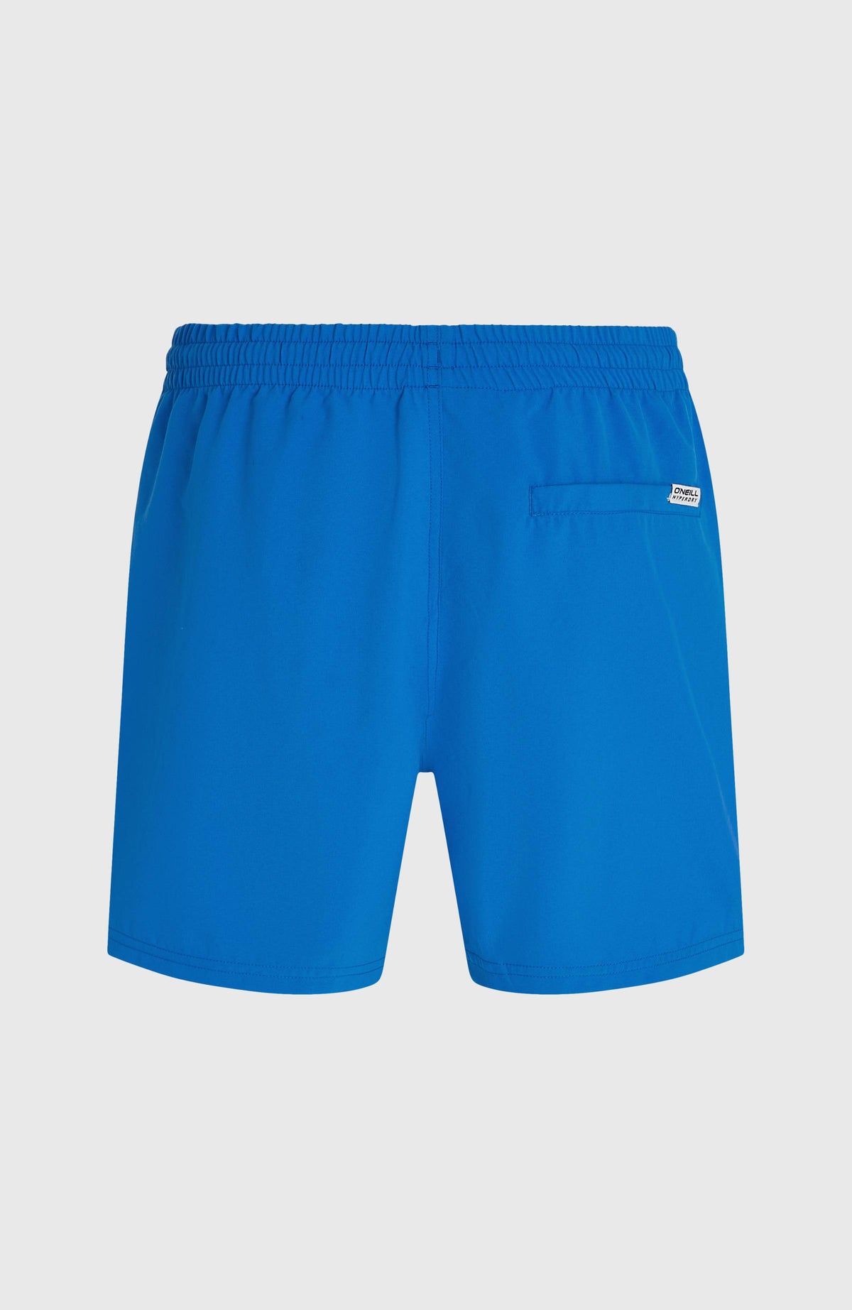 Logo 16" Badehose für Herren, blau mit Logo-Print in Weiß, flach liegend von hinten mit kleiner Gesäßtasche