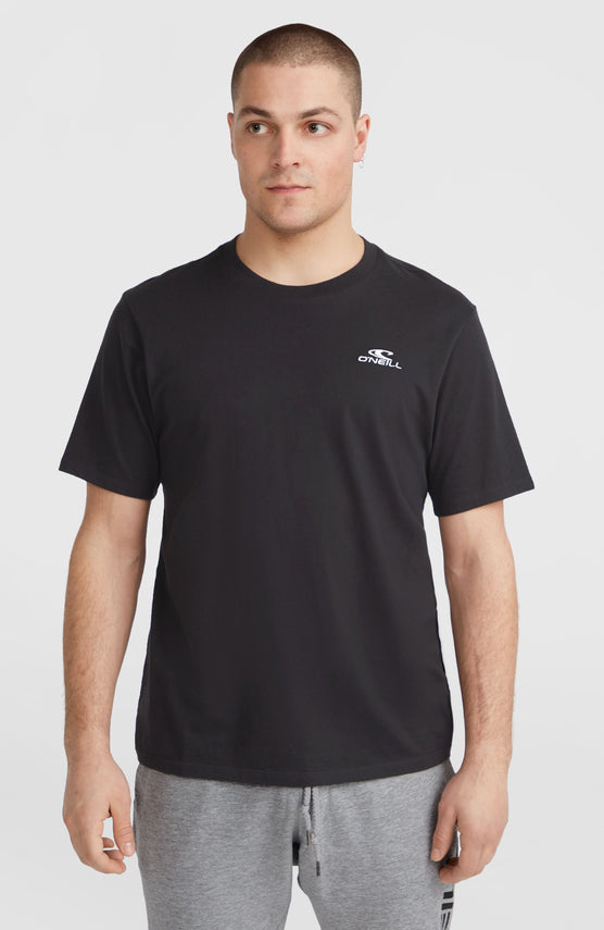 O'Neill Small Logo T-Shirt für Herren, schwarz mit Logo-Print in Weiß, Vorderansicht am Model