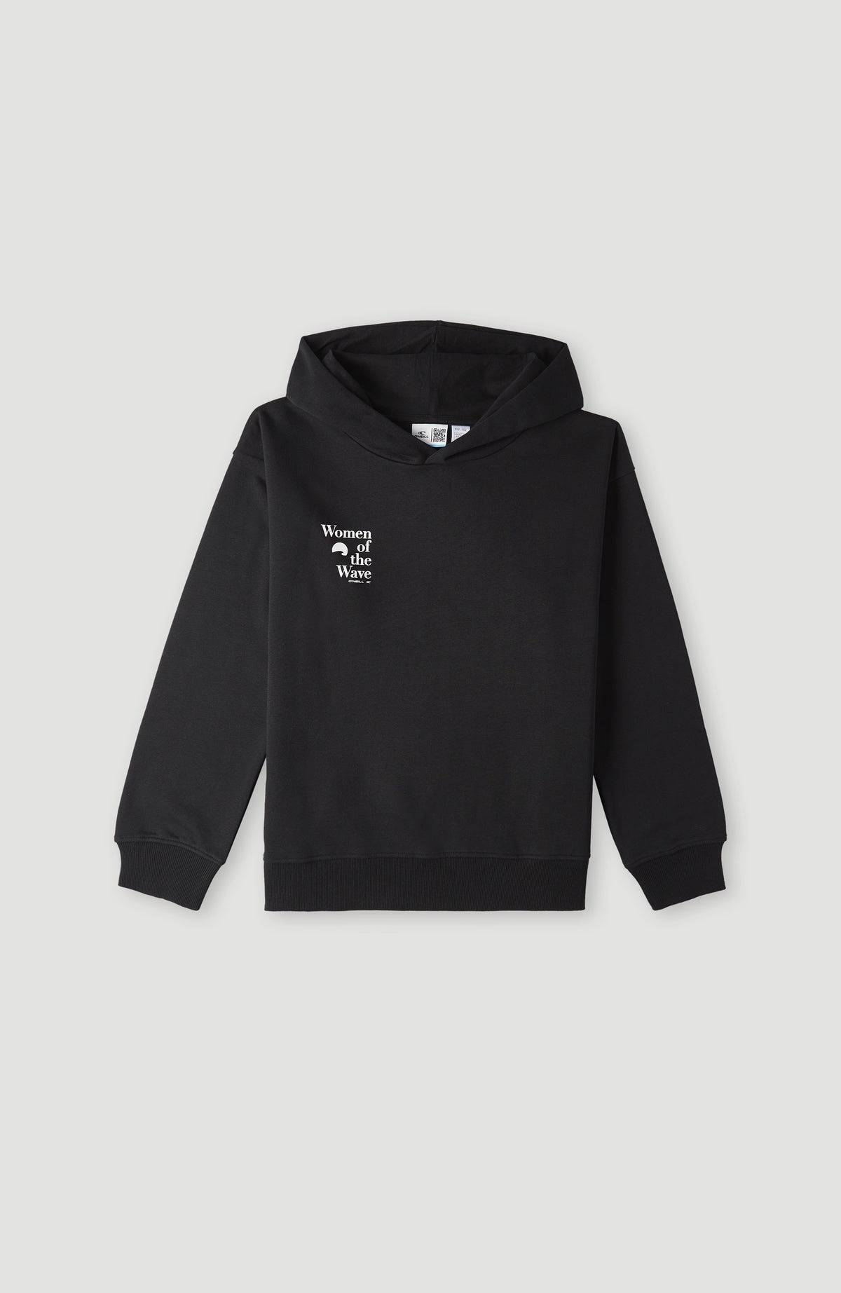 Women of the Wave Hoodie für Mädchen, schwarz, flach liegend von vorne mit weißem Logo-Print