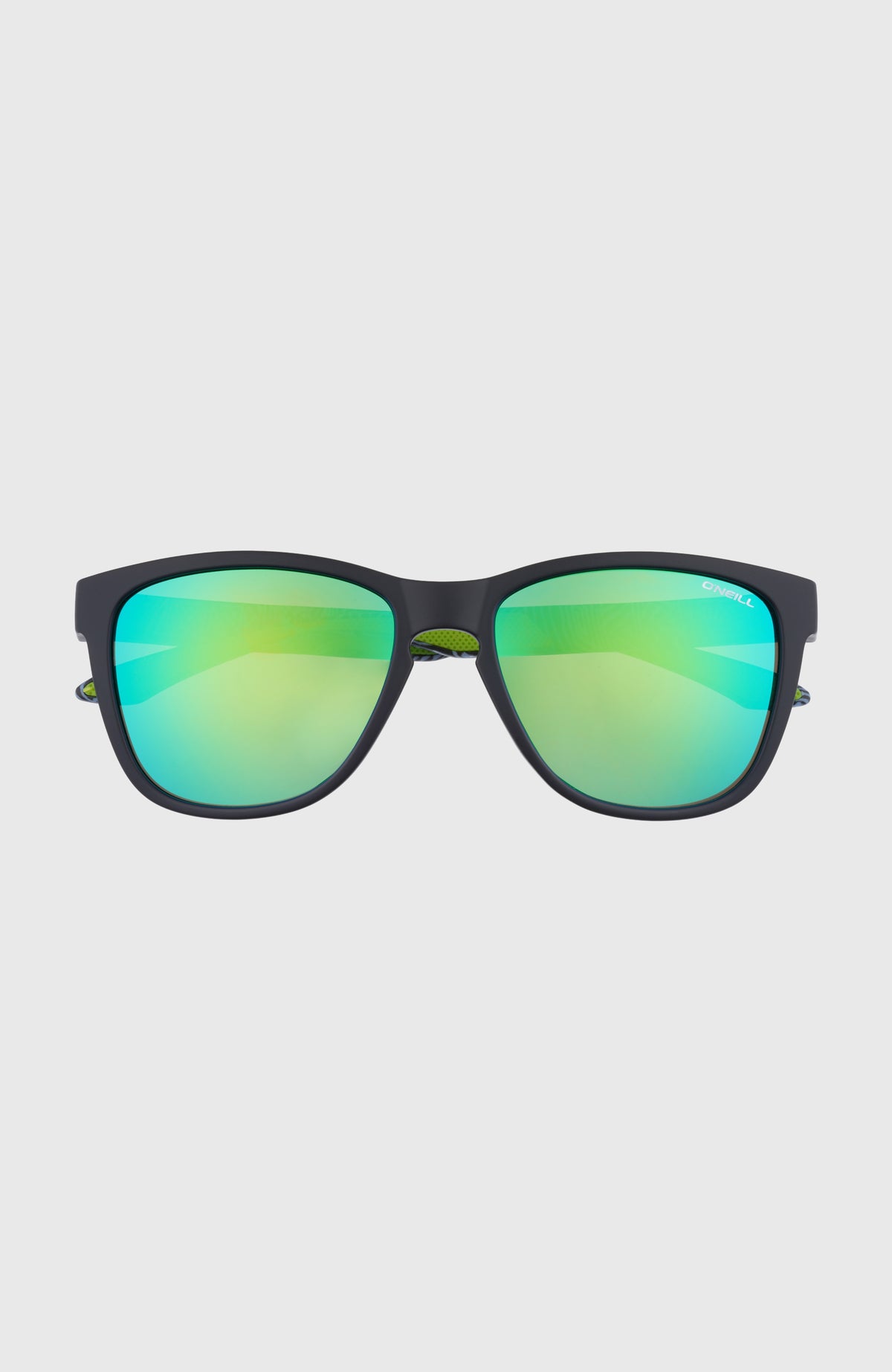 O'Neill DawnPatrol Sonnenbrille für Herren, schwarz, freigestellt von vorne mit grün verspiegelten Gläsern