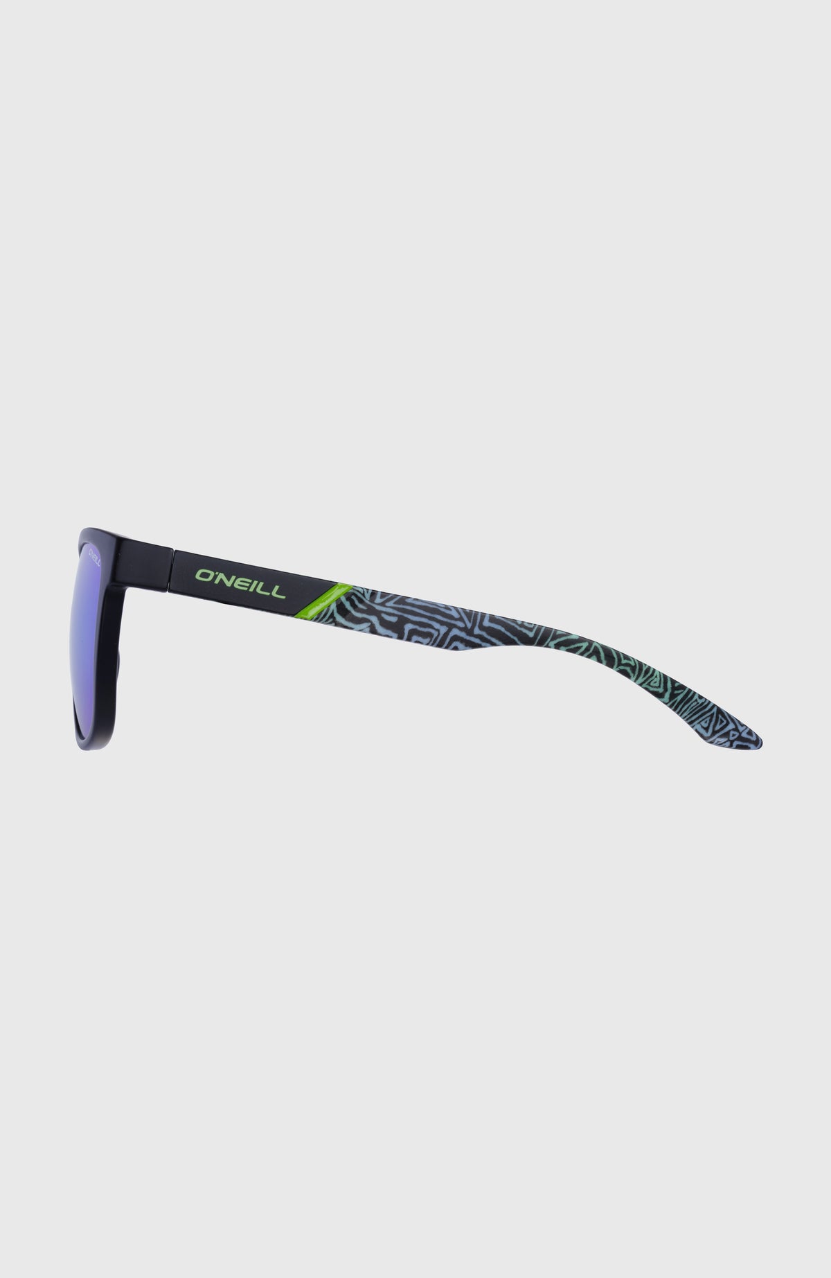 DawnPatrol Sonnenbrille für Herren, schwarz, freigestellt von der Seite, gemusterter Bügel mit Logo-Schriftzug