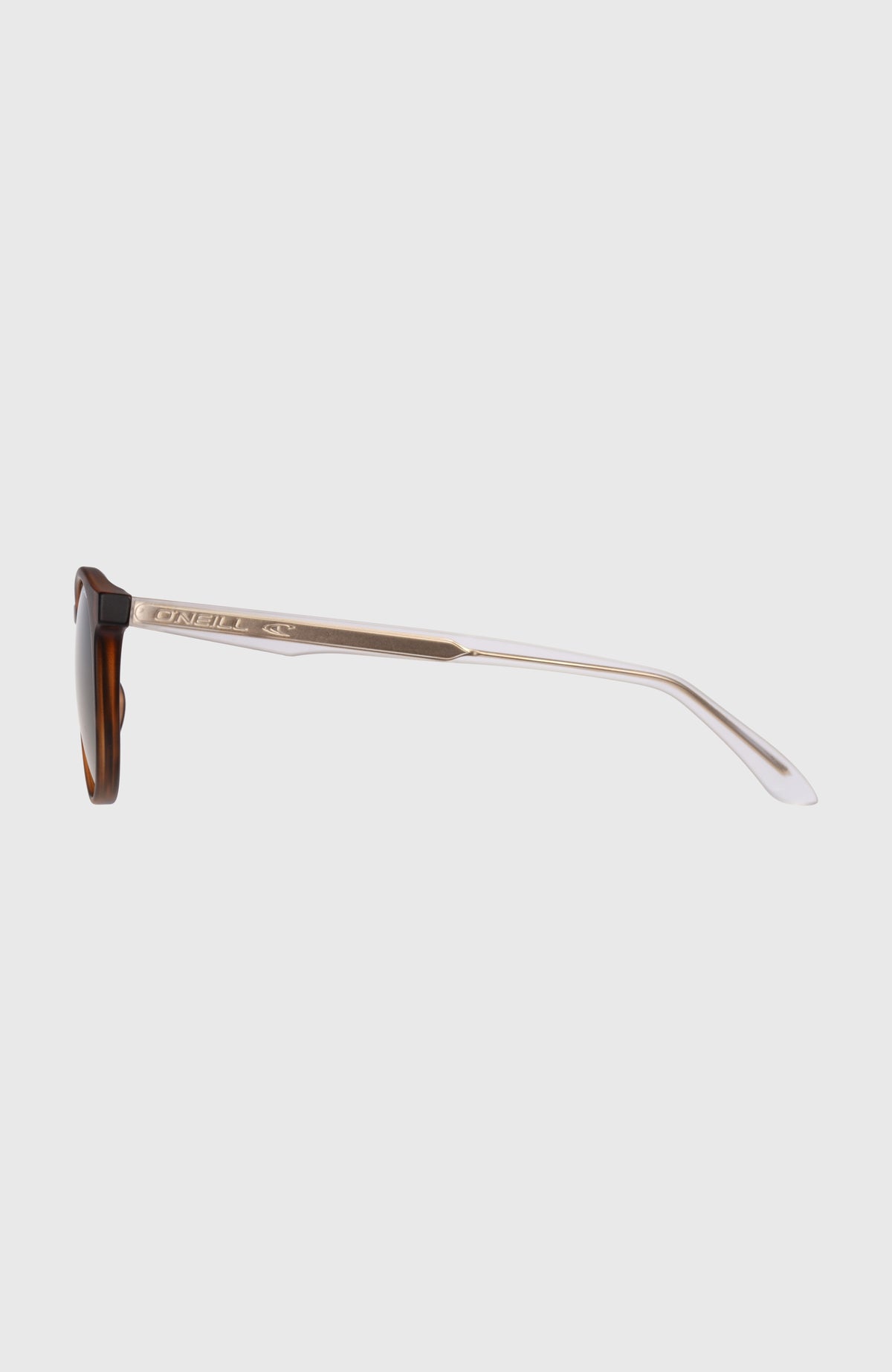 ShoreBreak Sonnenbrille für Herren, braun, freigestellt von der Seite, transparenter Bügel mit Logo