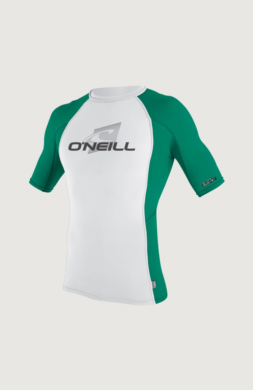 O'Neill Skins Short Sleeve Crew Schwimmshirt für Herren, weiß mit Logo-Print in Schwarz, freigestellt von vorne