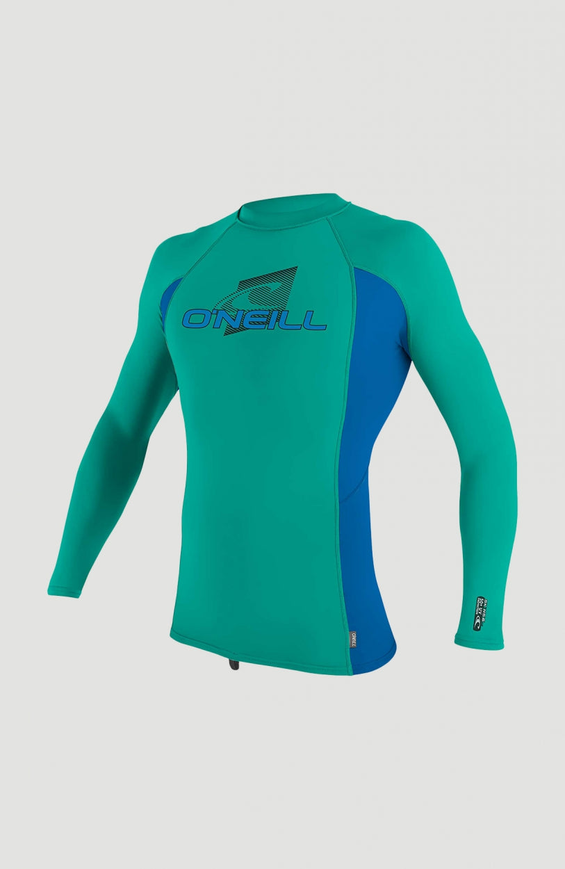 O'Neill Skins Long Sleeve Crew Schwimmshirt für Jungen, grün mit Logo-Print in Schwarz und Blau, Vorderansicht