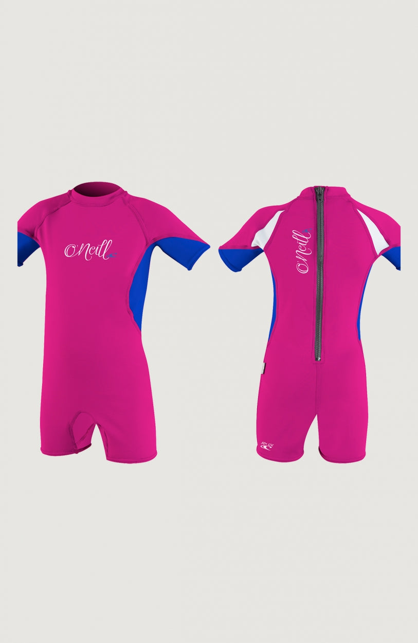 O'Zone UV Spring Wetsuit Neoprenanzug für Mädchen, pink, freigestellt in Vorder- und Rückansicht