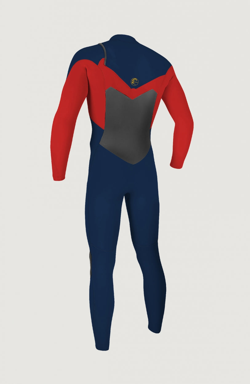 O'Riginal Chest Zip 5/4mm Full Wetsuit Neoprenanzug für Jungen, blau, freigestellt von hinten mit kontrastierendem Einsatz