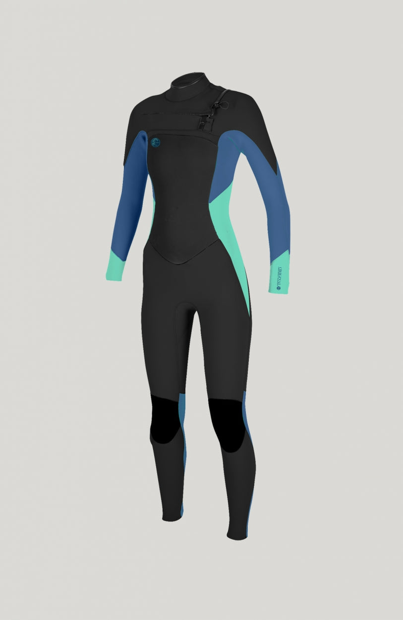 O'Neill O'Riginal Chest Zip 3/2mm Full Wetsuit Neoprenanzug für Damen, schwarz, freigestellt in der Vorderansicht