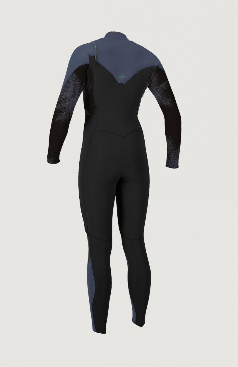 Hyperfreak 3/2mm Chest Zip Full Wetsuit für Damen, grün mit Palmenmuster in Schwarz, freigestellt von hinten