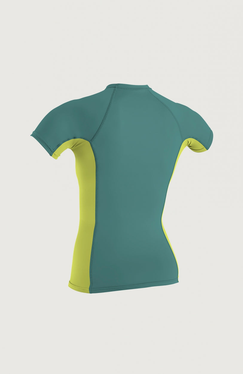 Skins Side Schwimmshirt für Damen, grün, freigestellt von hinten mit Kontrasteinsätzen an den Seiten