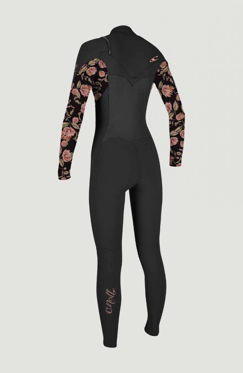 Epic 4/3mm Chest Zip Full Wetsuit Neoprenanzug, schwarz mit Blumenmuster in Rosa, freigestellt von hinten mit Logo-Print