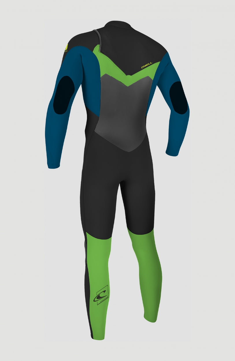 Epic 4/3mm Chest Zip Full Wetsuit Neoprenanzug für Jungen, schwarz, freigestellt von hinten mit farbigen Einsätzen